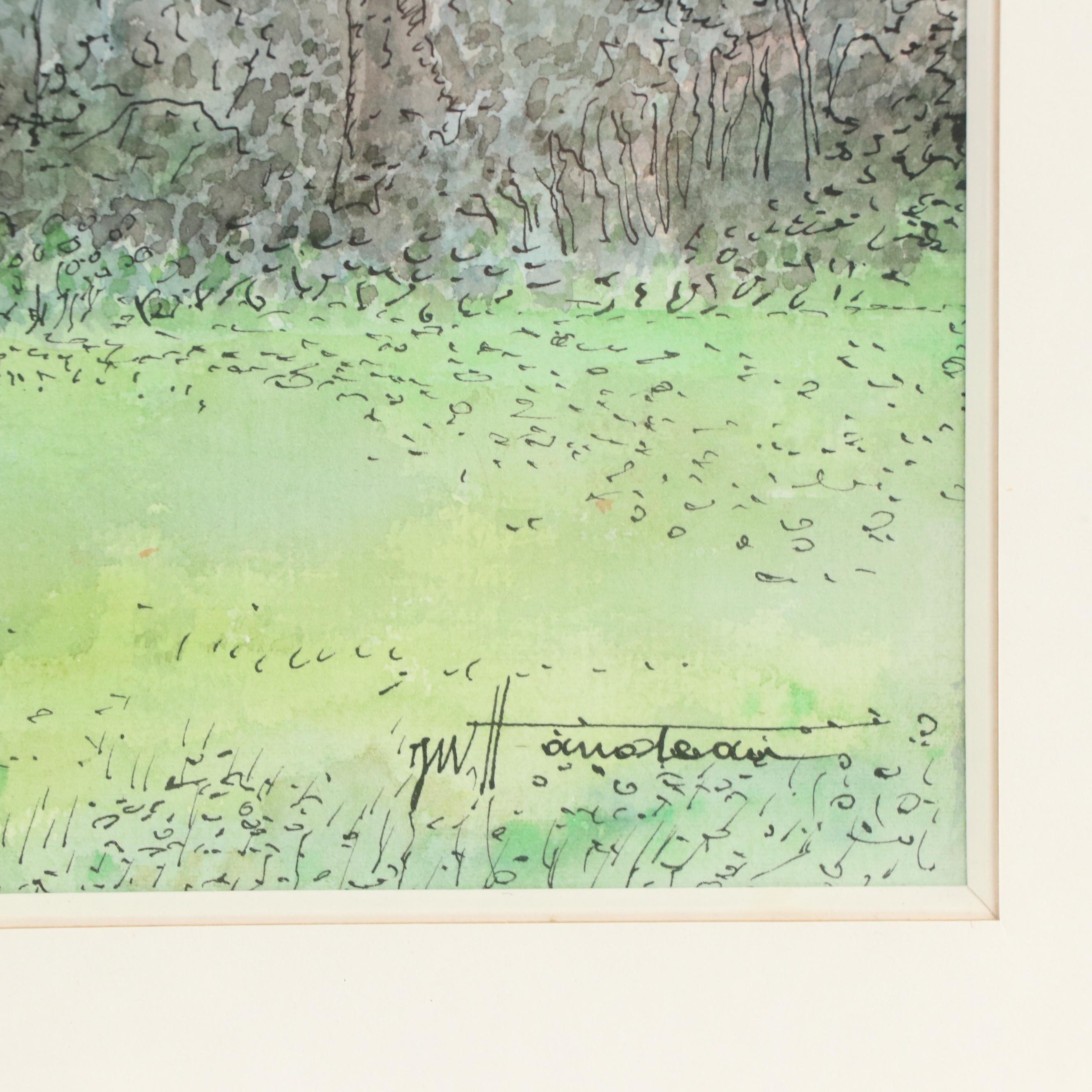 Ink and Watercolor Painting of Tree in Landscape