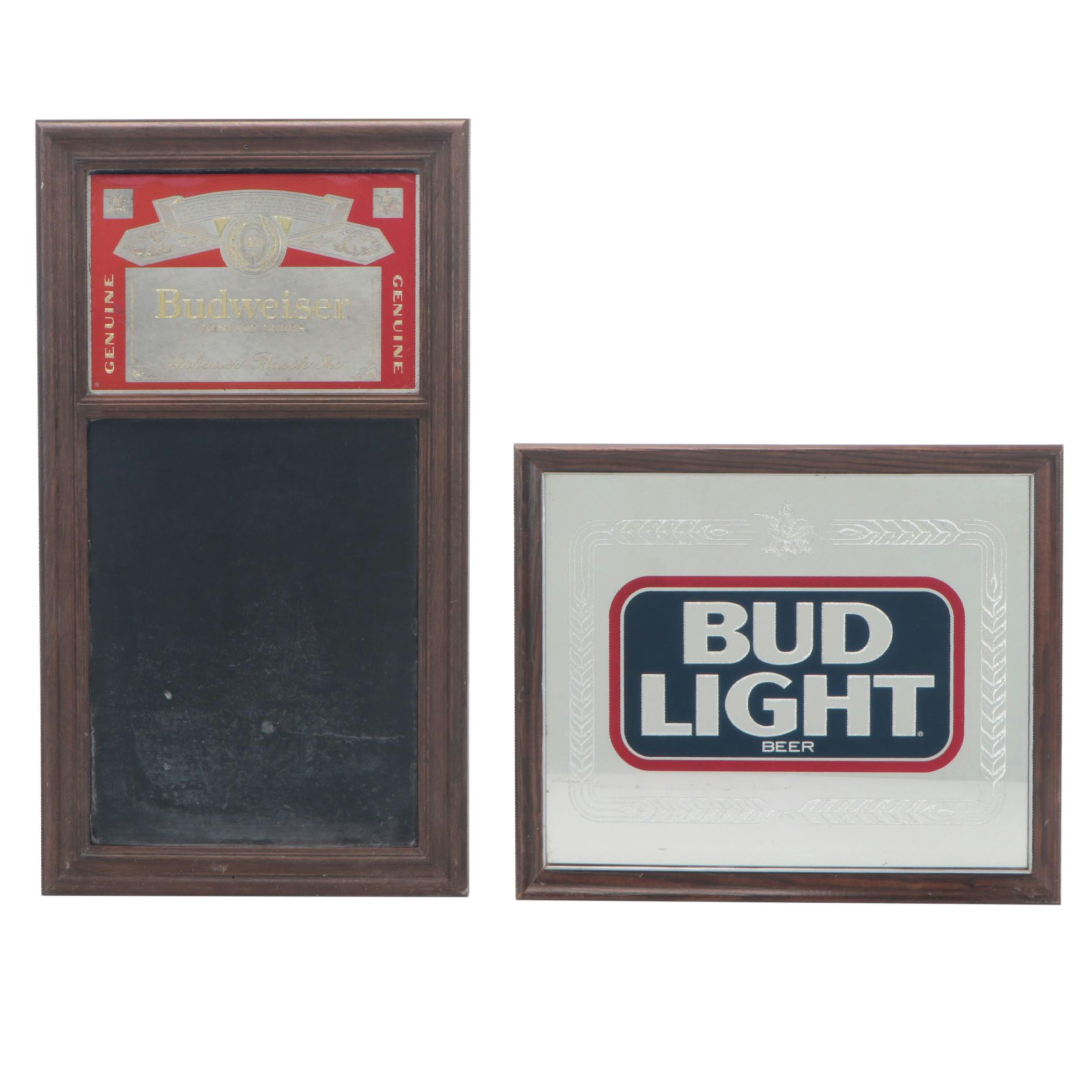 Bud Light and Budweiser Wood-Framed Advertising Bar Mirrors, 1980s