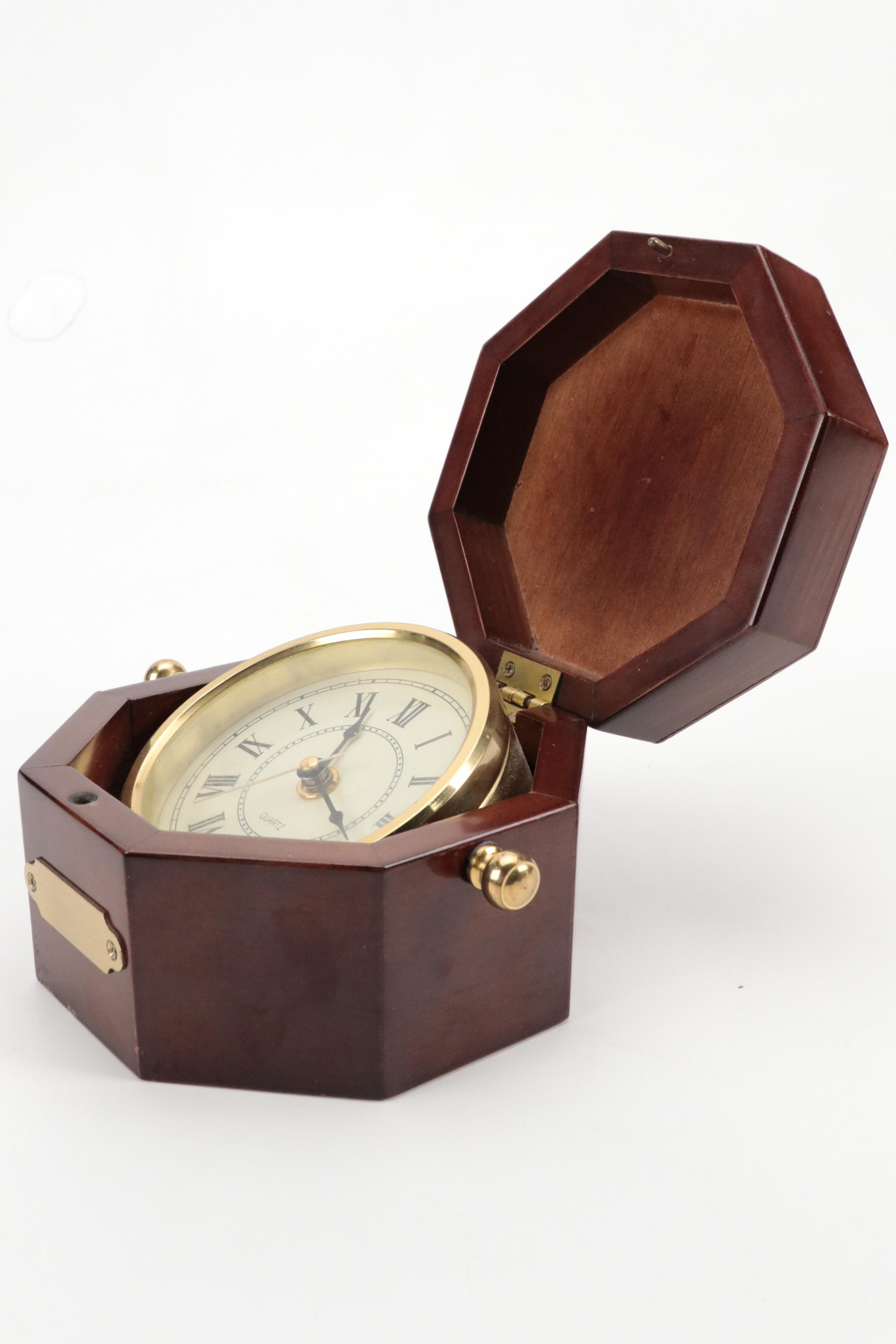 Bombay Company Brass Gimbal Clock in Mahogany Finish Octagonal Case