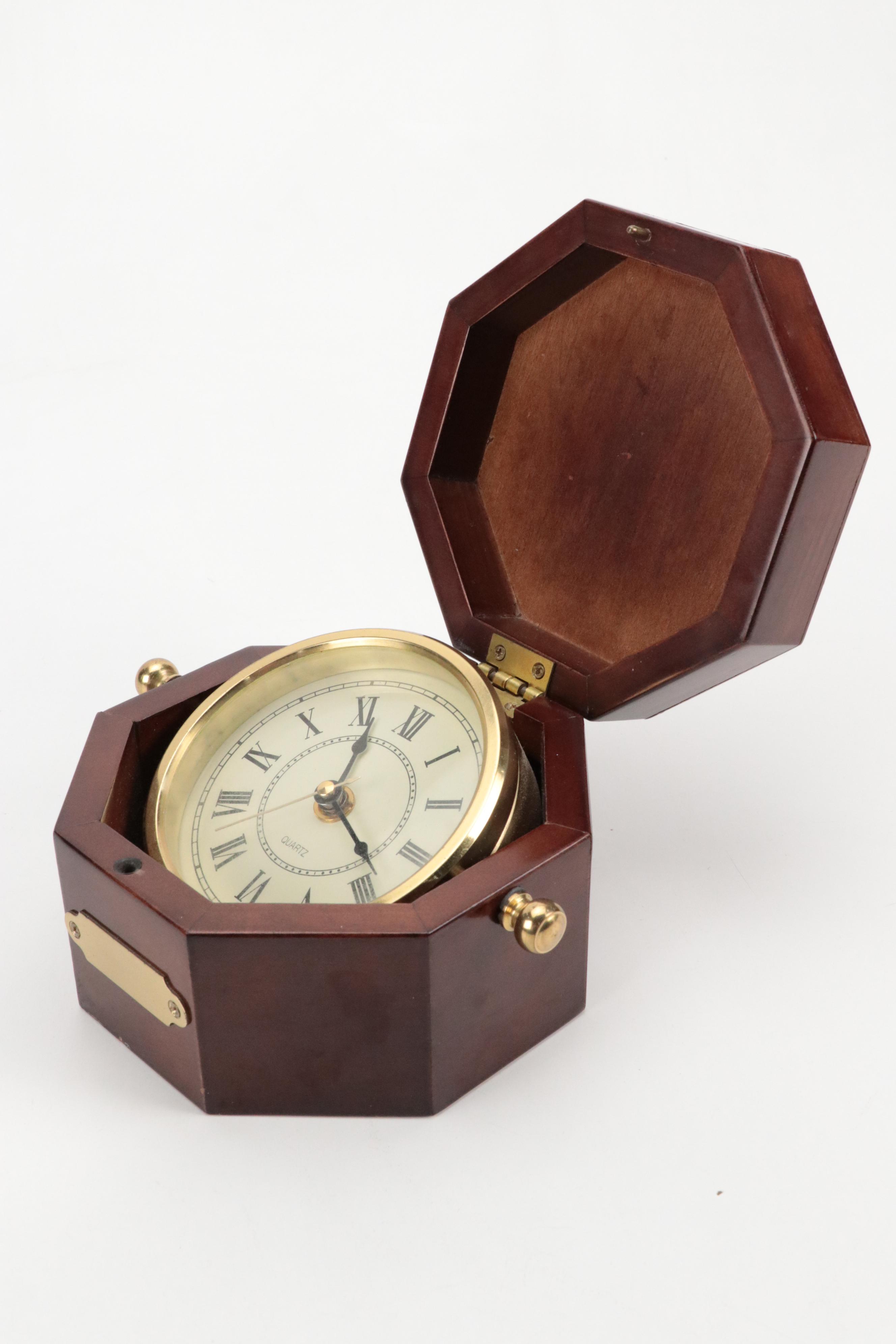 Bombay Company Brass Gimbal Clock in Mahogany Finish Octagonal Case