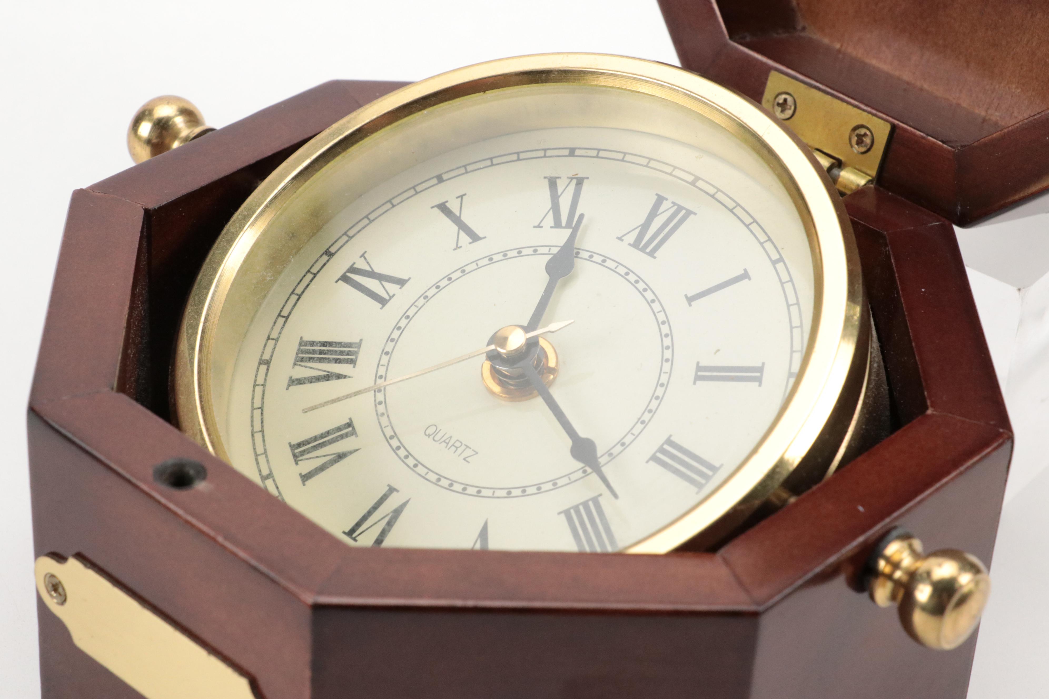 Bombay Company Brass Gimbal Clock in Mahogany Finish Octagonal Case