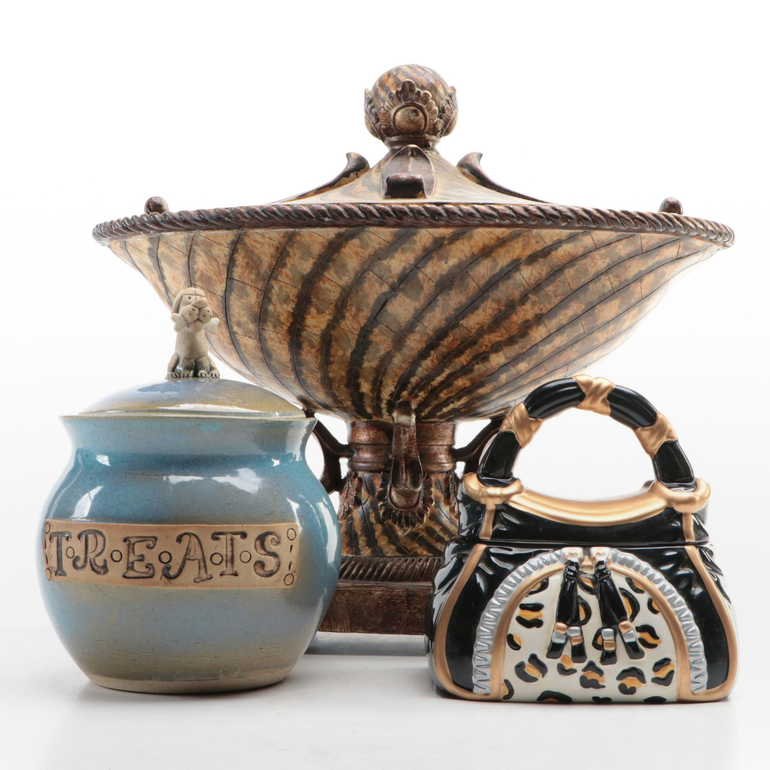 Earthenware "Treats' Dog Cookie Jar, David's Cookie Jar & Resin Lidded Compote