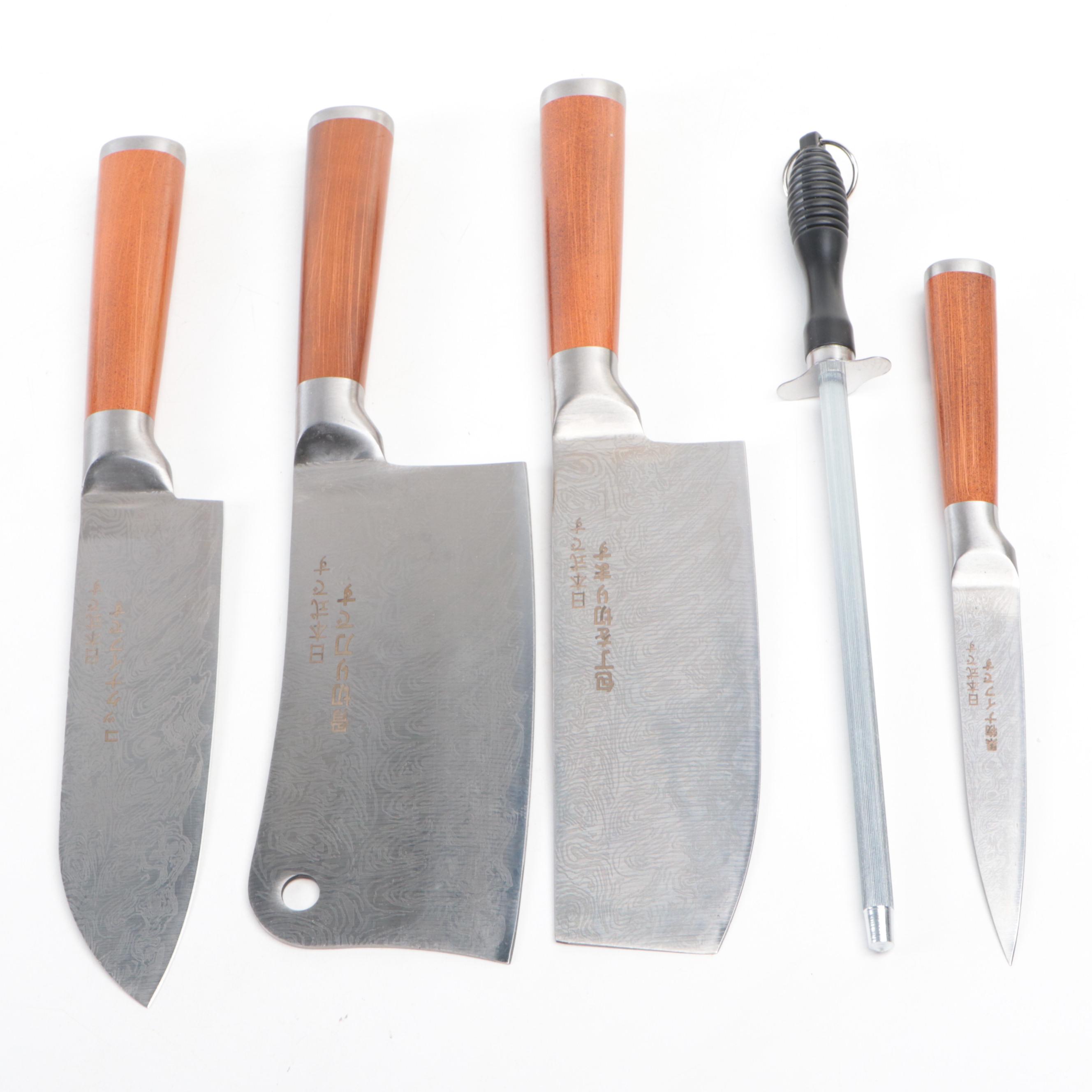 Damascus Steel Five-Piece Steel Chef Set with Knife Roll