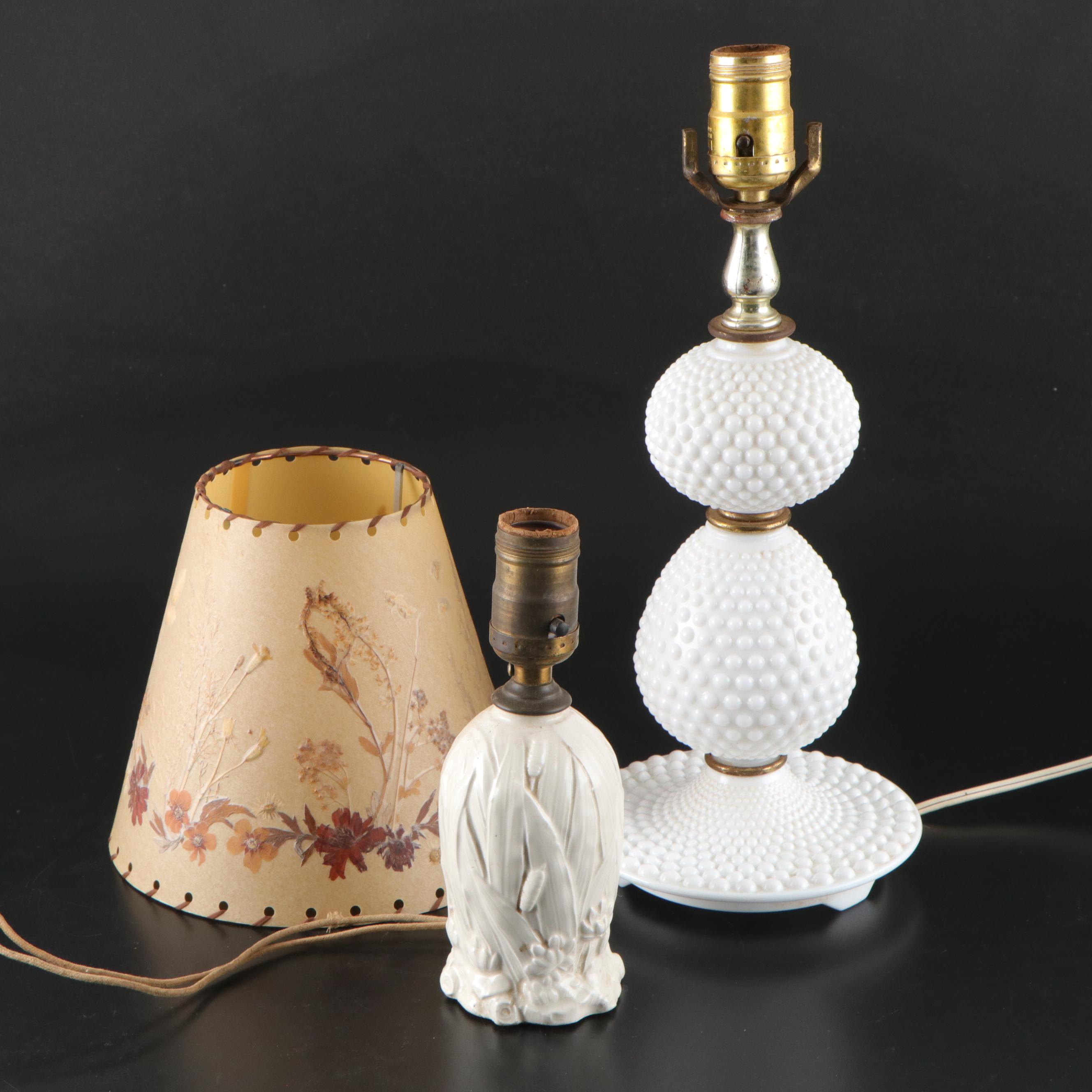 Hobnail Milk Glass Table Lamp with Embossed Ceramic Table Lamp