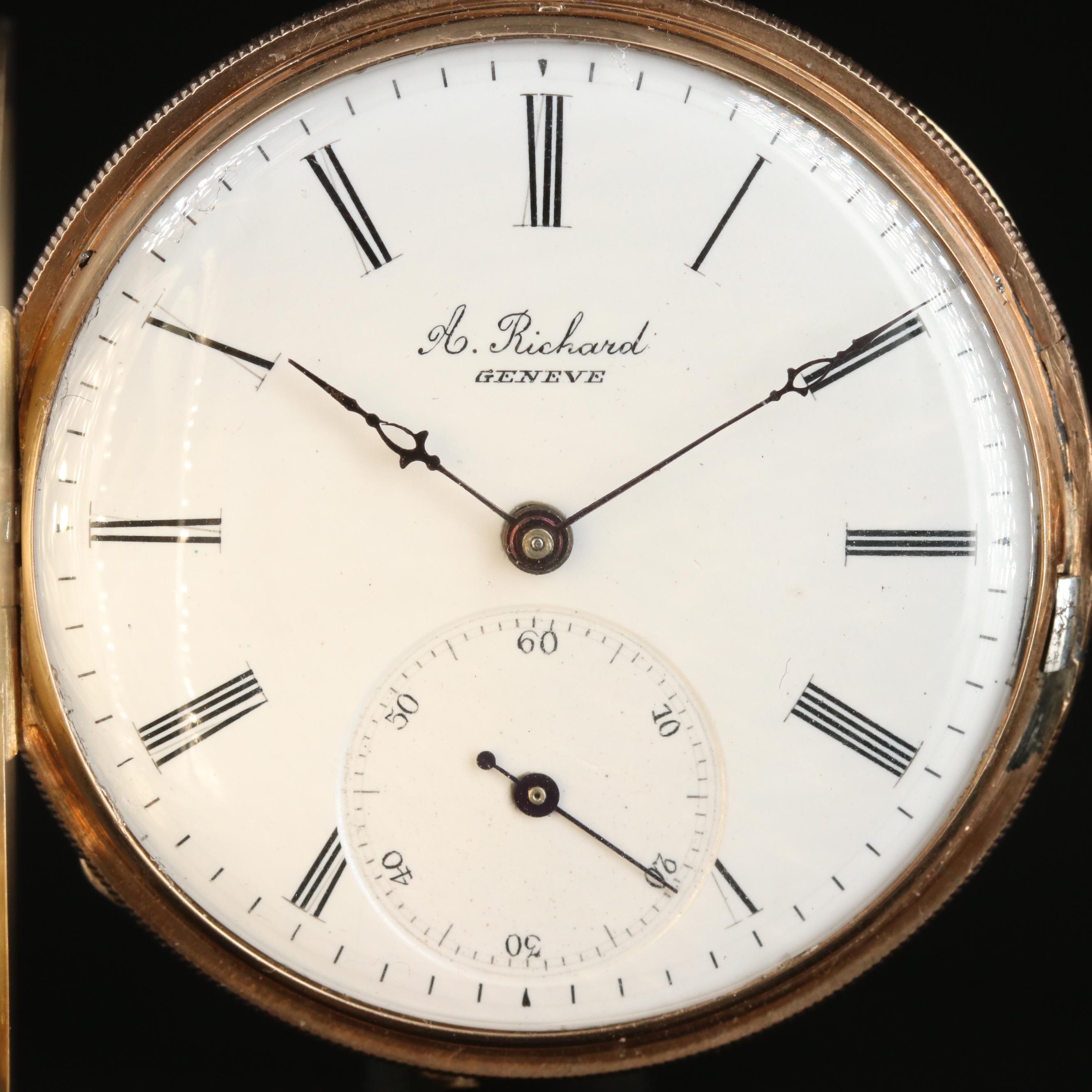 Antique A. Richard 14K Enamel Hunting Case Pocket Watch