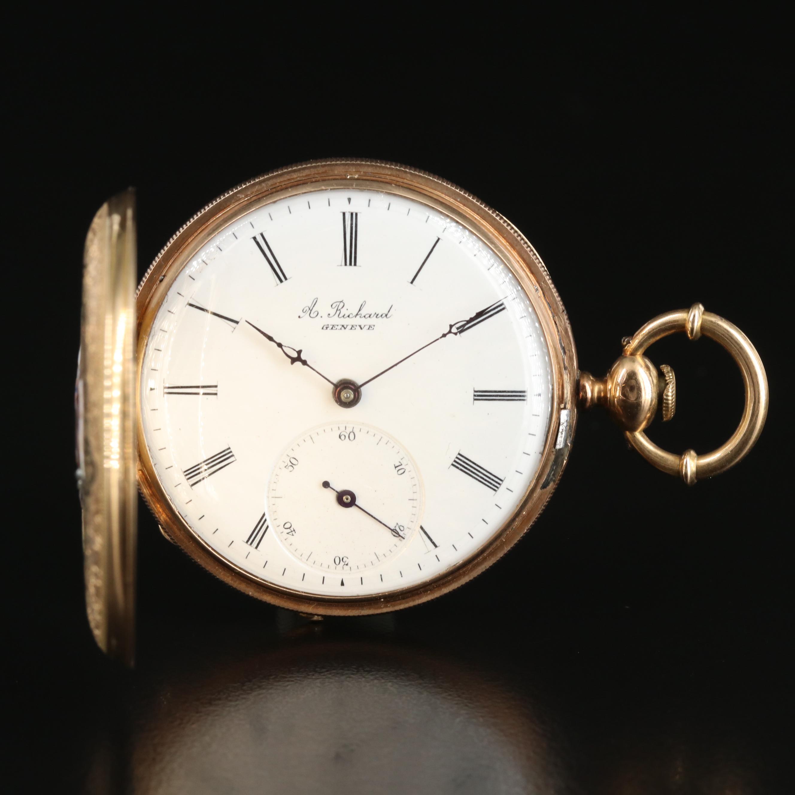 Antique A. Richard 14K Enamel Hunting Case Pocket Watch