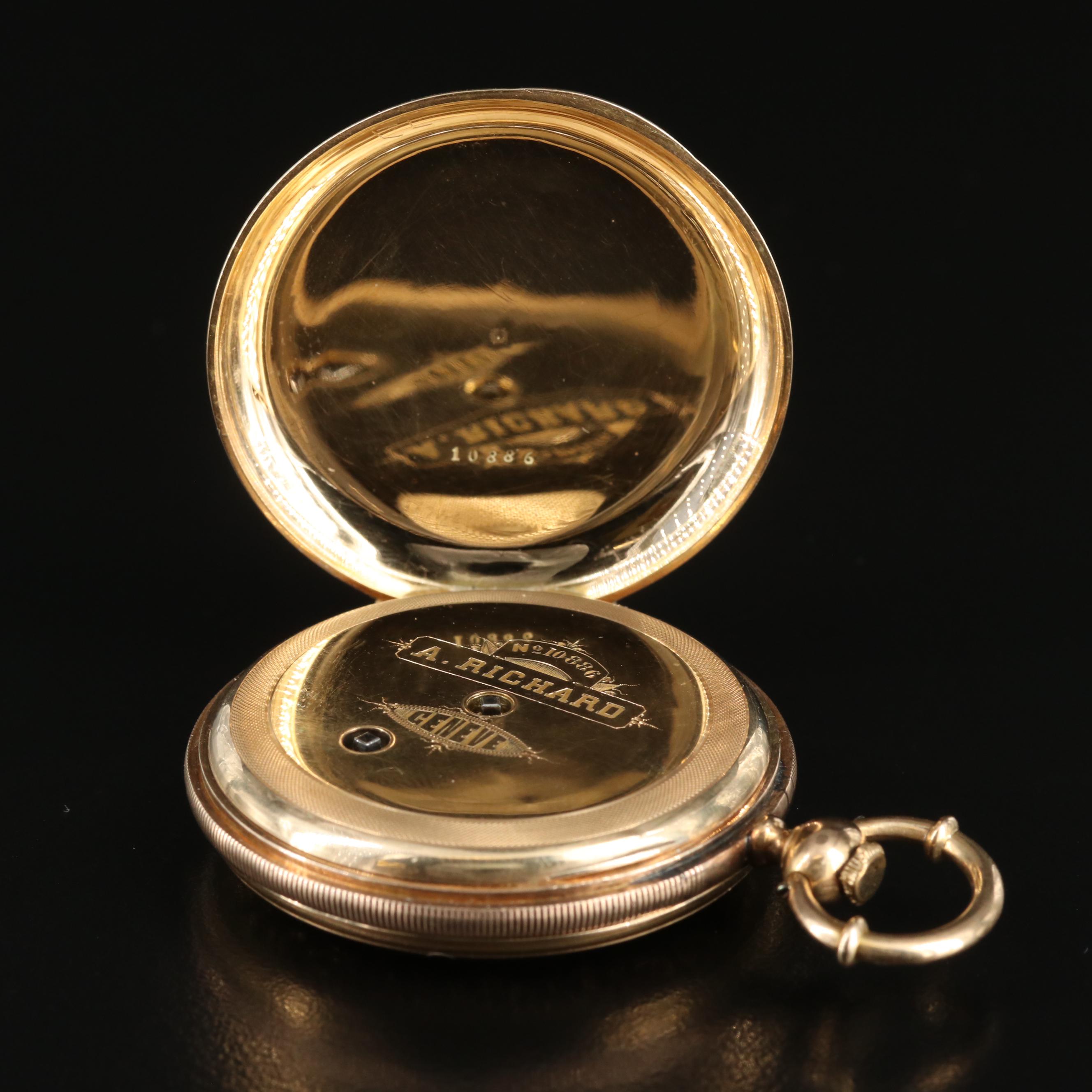 Antique A. Richard 14K Enamel Hunting Case Pocket Watch