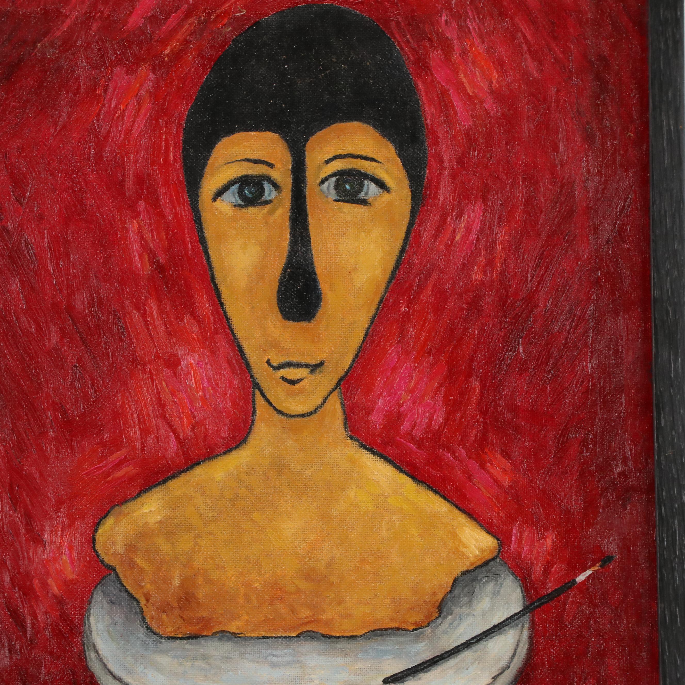 J. Thomas Watkins Surreal Portrait Oil Painting of Masked Bust With Paintbrush