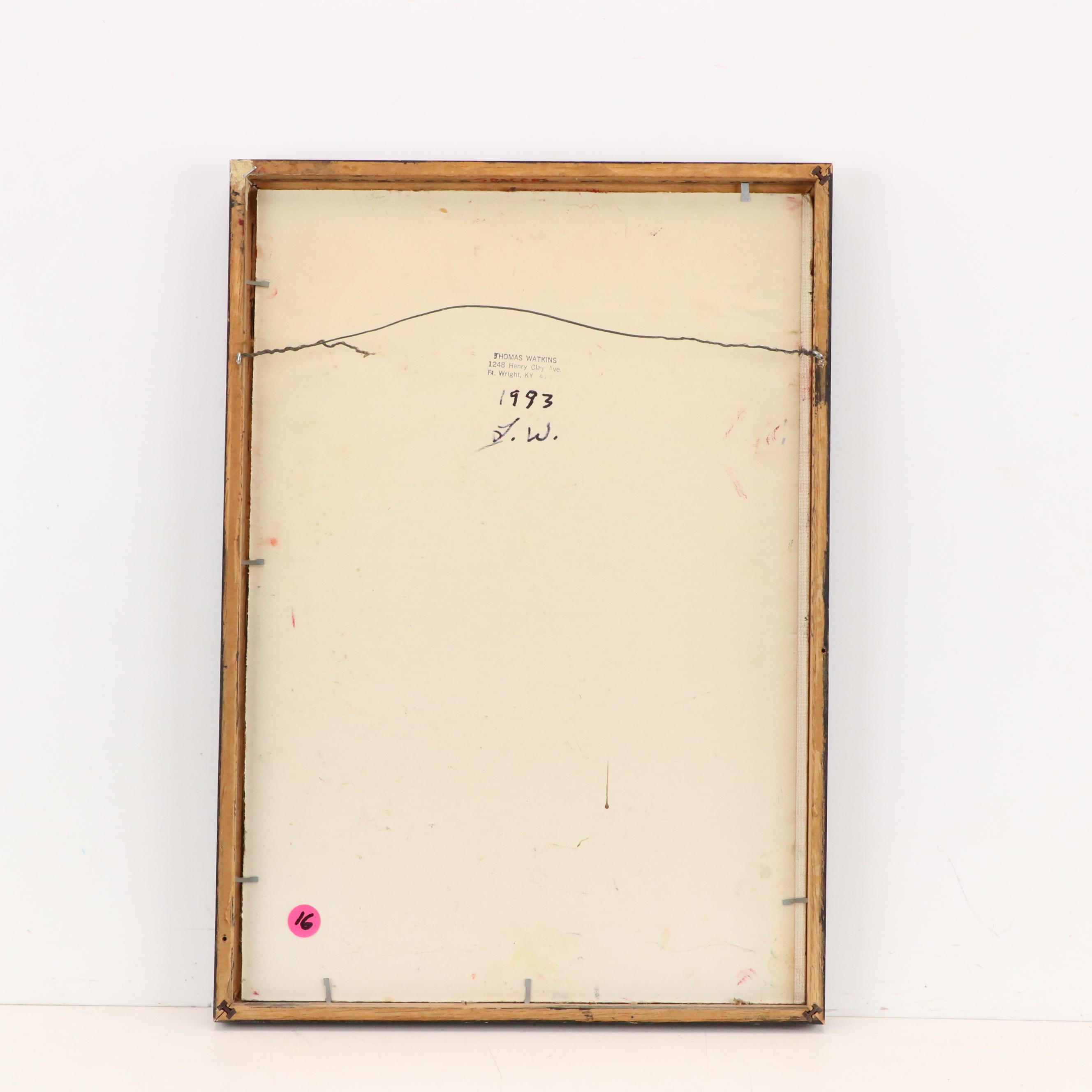 J. Thomas Watkins Surreal Portrait Oil Painting of Masked Bust With Paintbrush