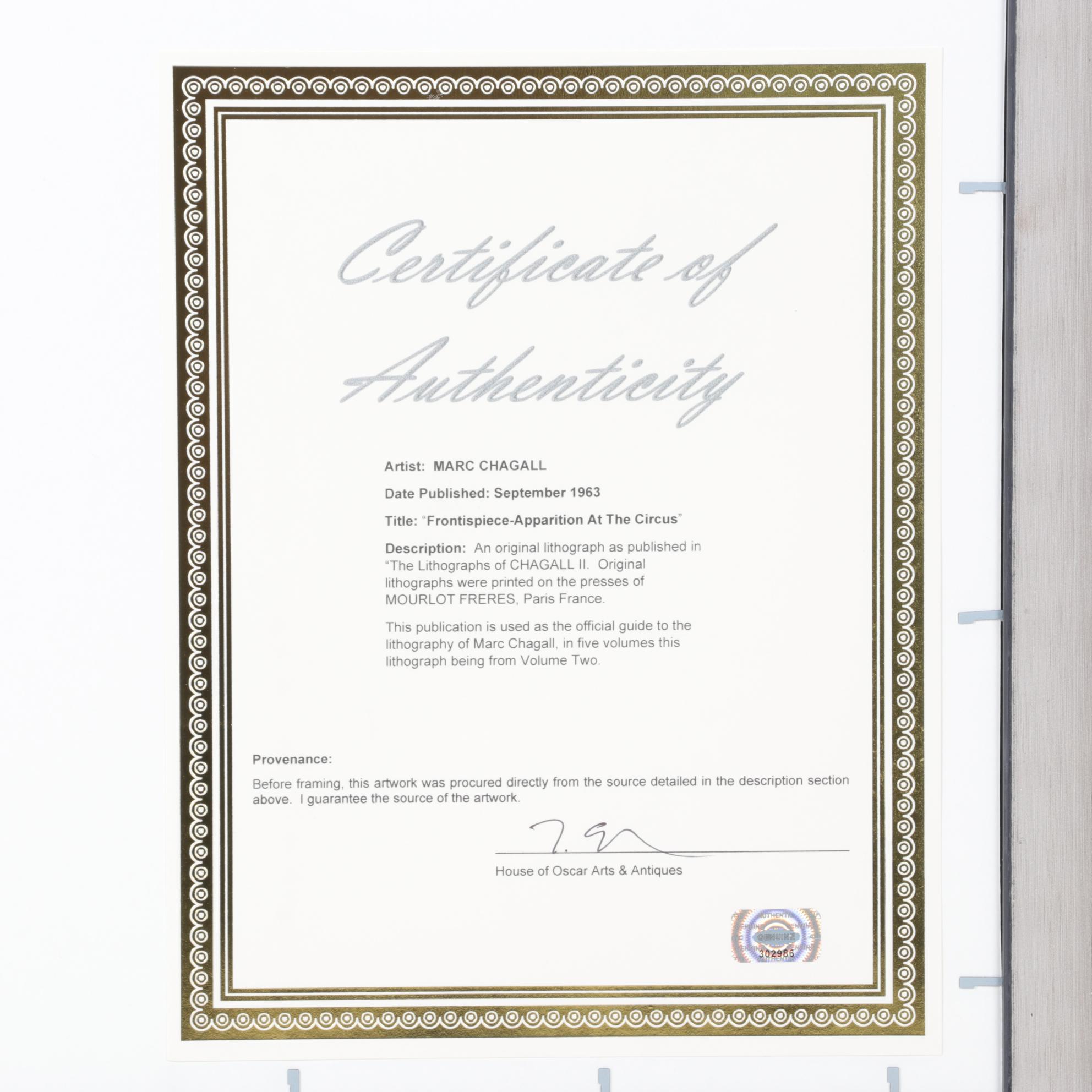 Marc Chagall Color Lithograph "L'Apparition au cirque," 1963