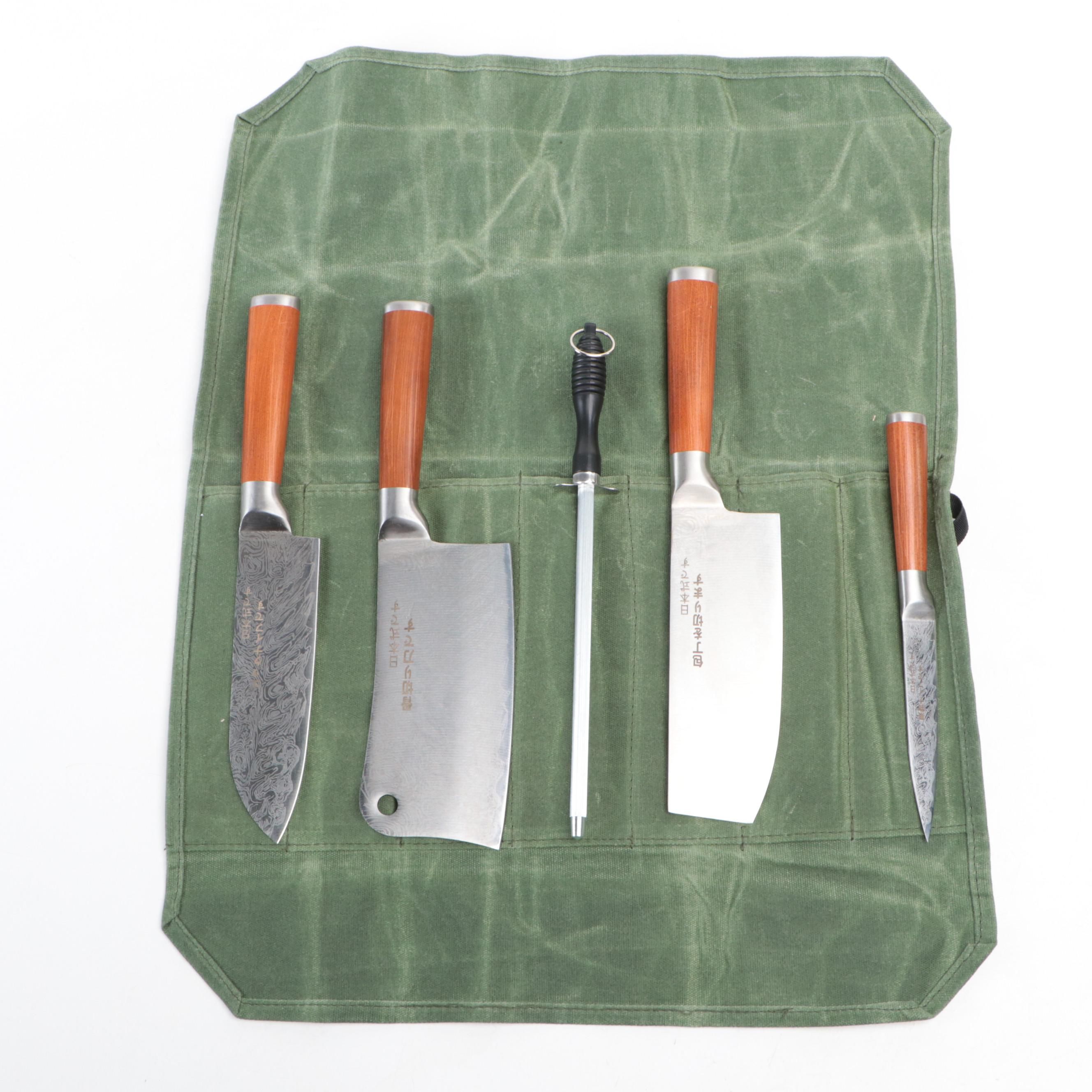 Damascus Steel Five-Piece Steel Chef Set with Knife Roll