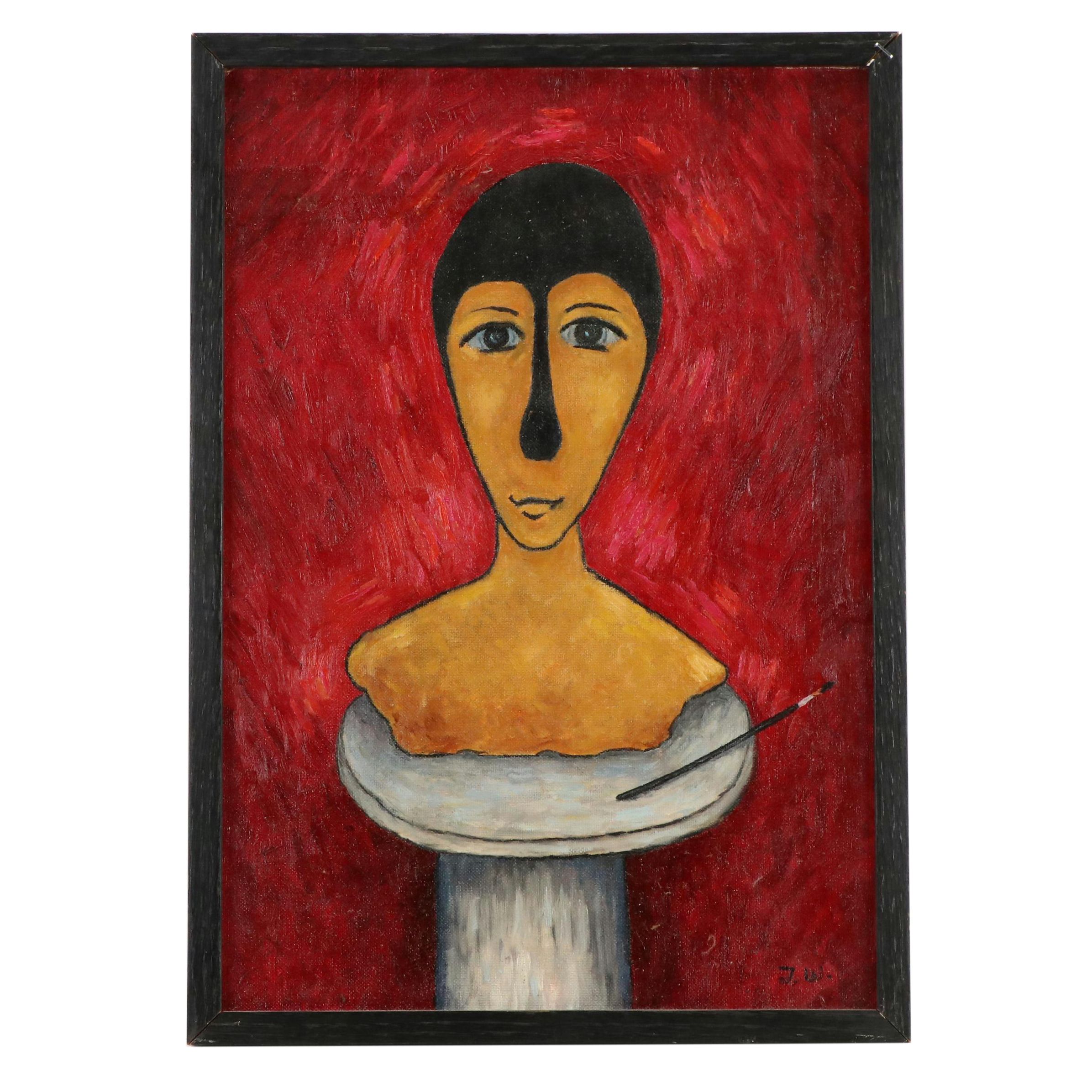 J. Thomas Watkins Surreal Portrait Oil Painting of Masked Bust With Paintbrush