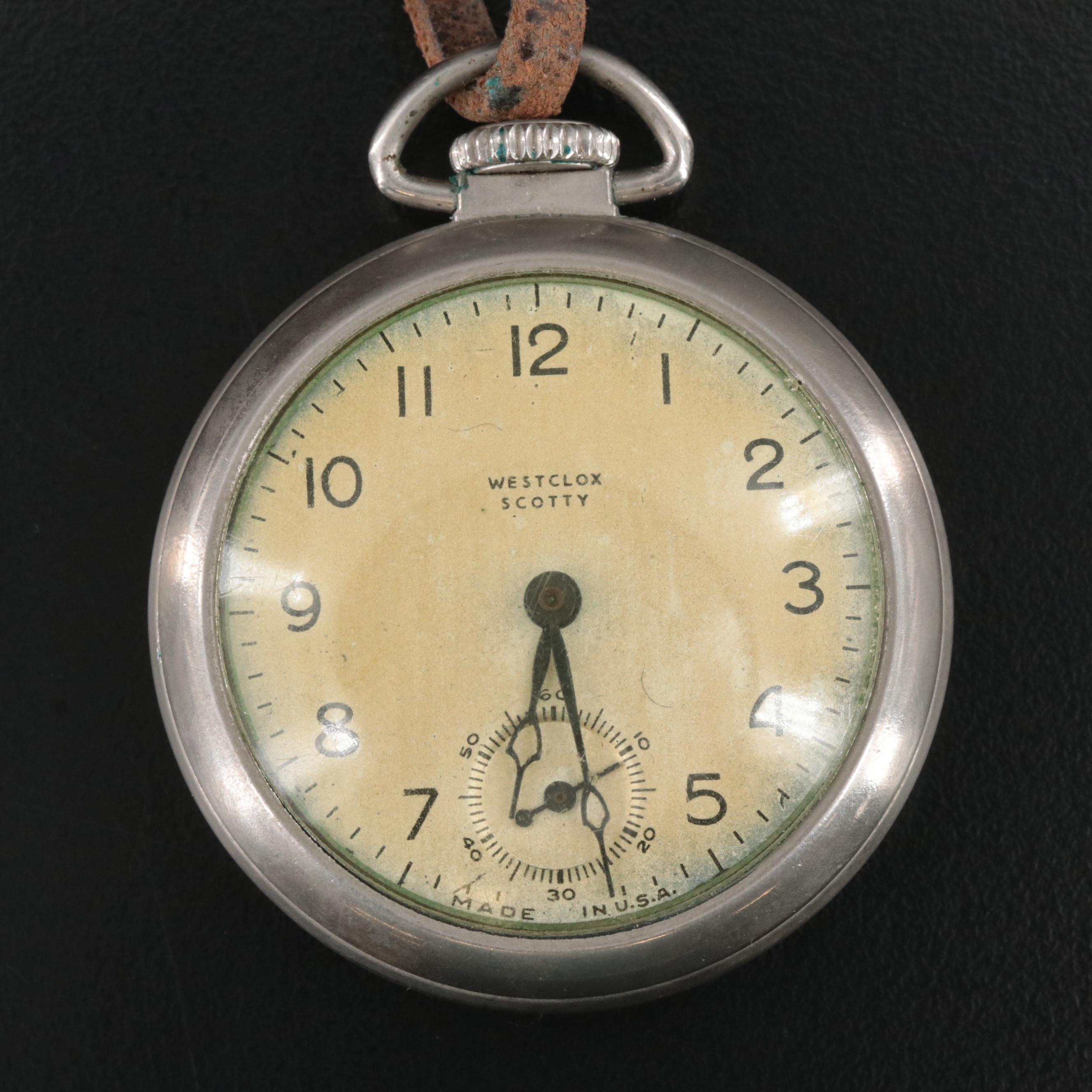 Vintage Westclox Scotty Pocket Watch with Leather Fob