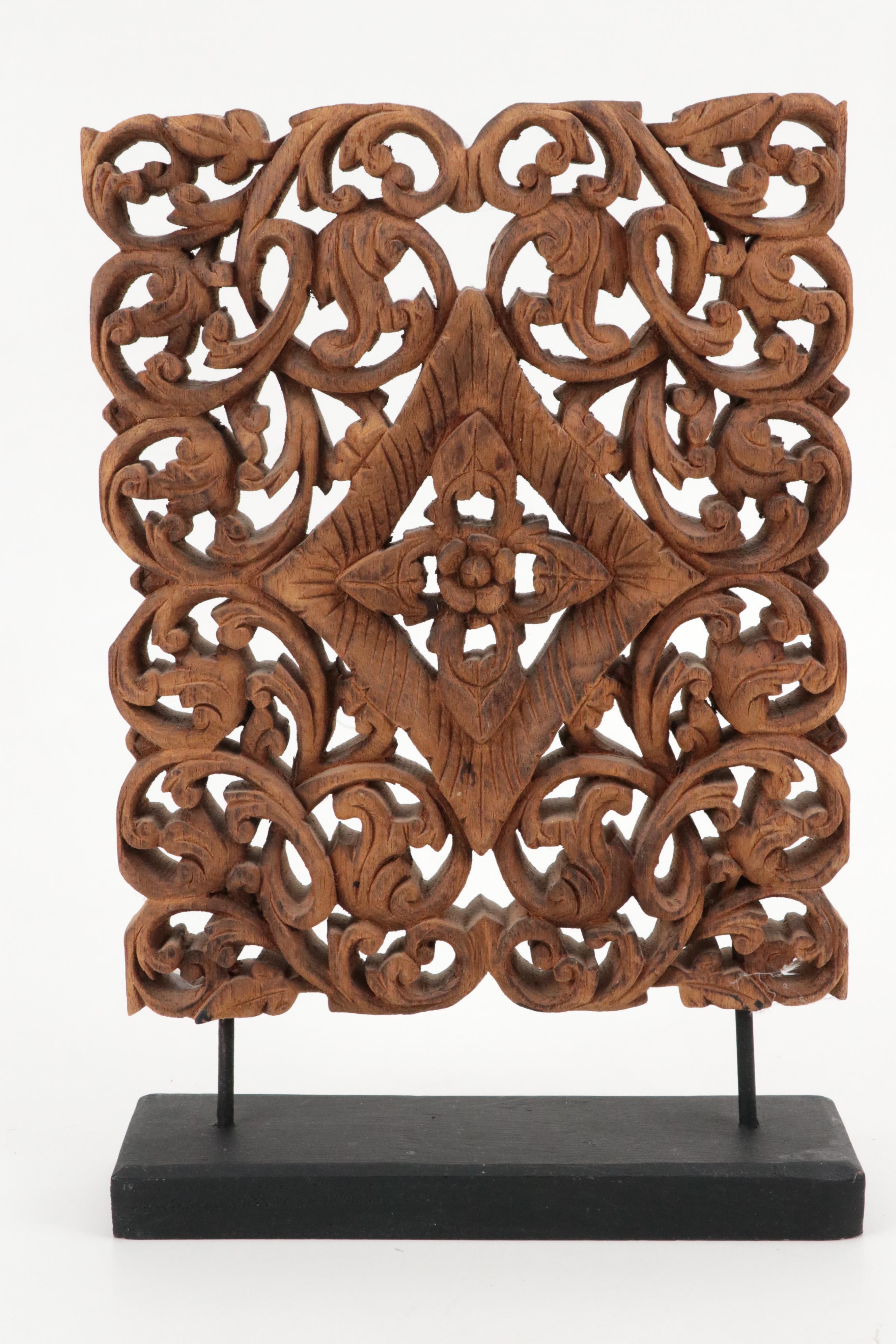 Thai Hand-Carved Wood Panel on Stand with More Wood Décor