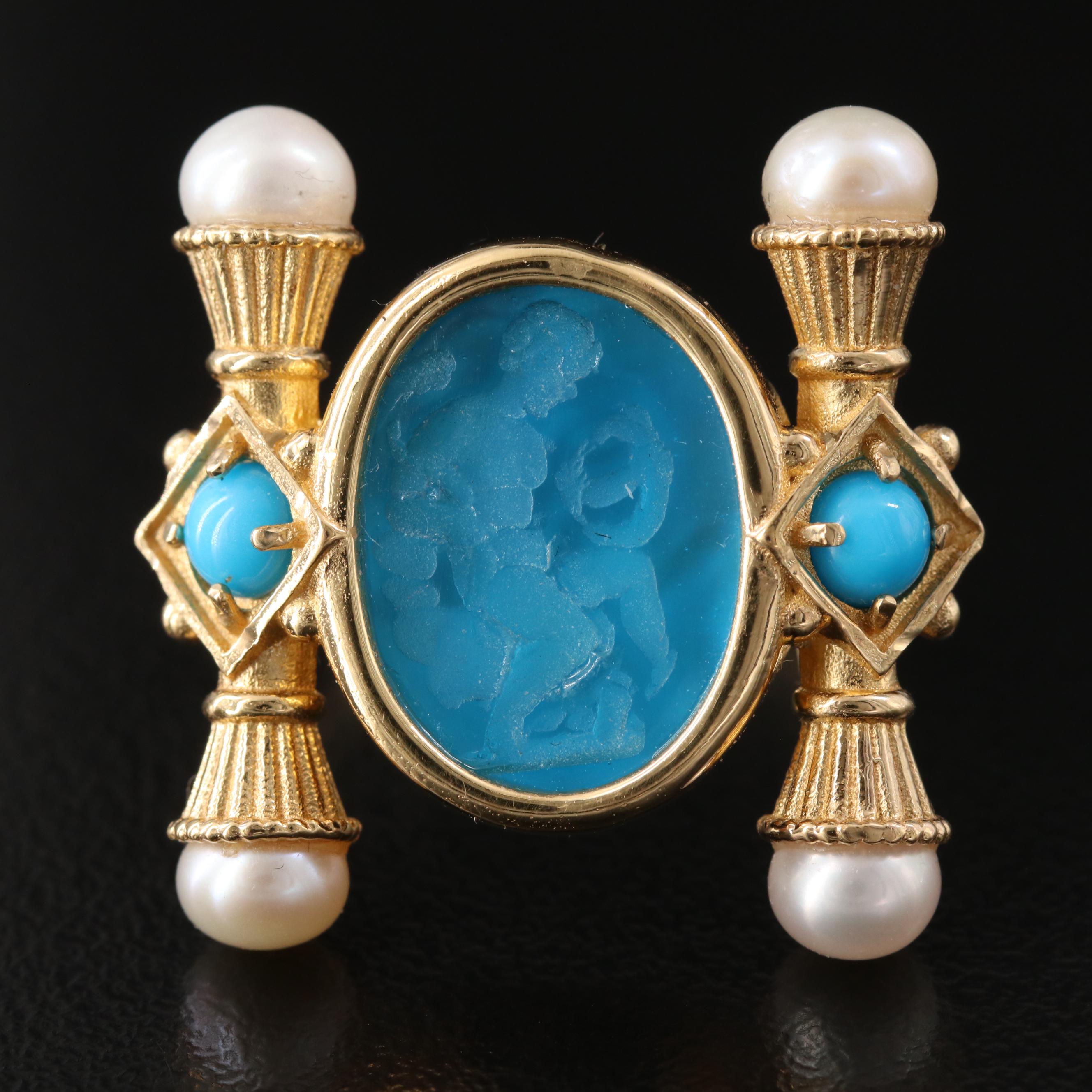 Tagliamonte 18K Intaglio, Turquoise and Pearl Etruscan Style Ring