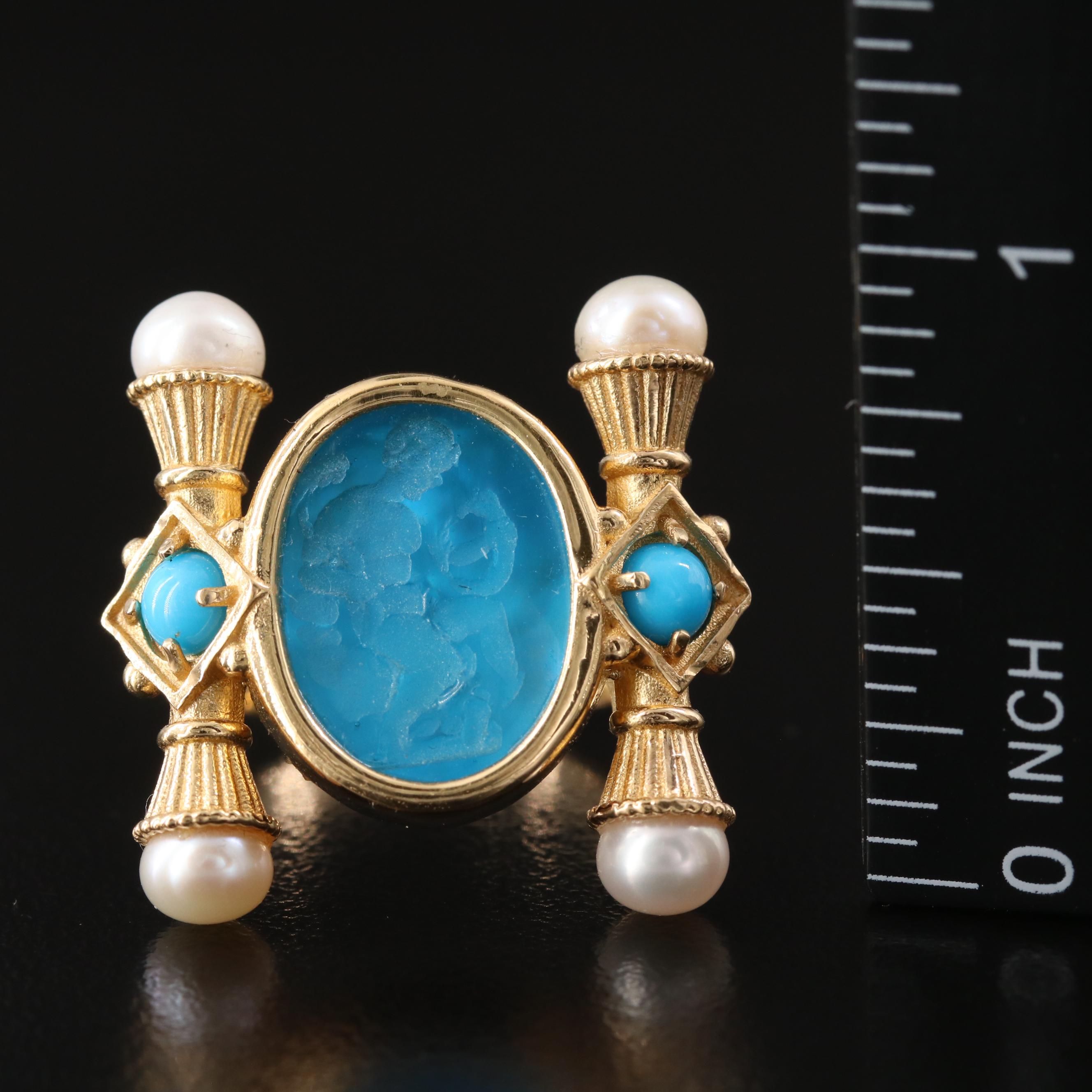 Tagliamonte 18K Intaglio, Turquoise and Pearl Etruscan Style Ring