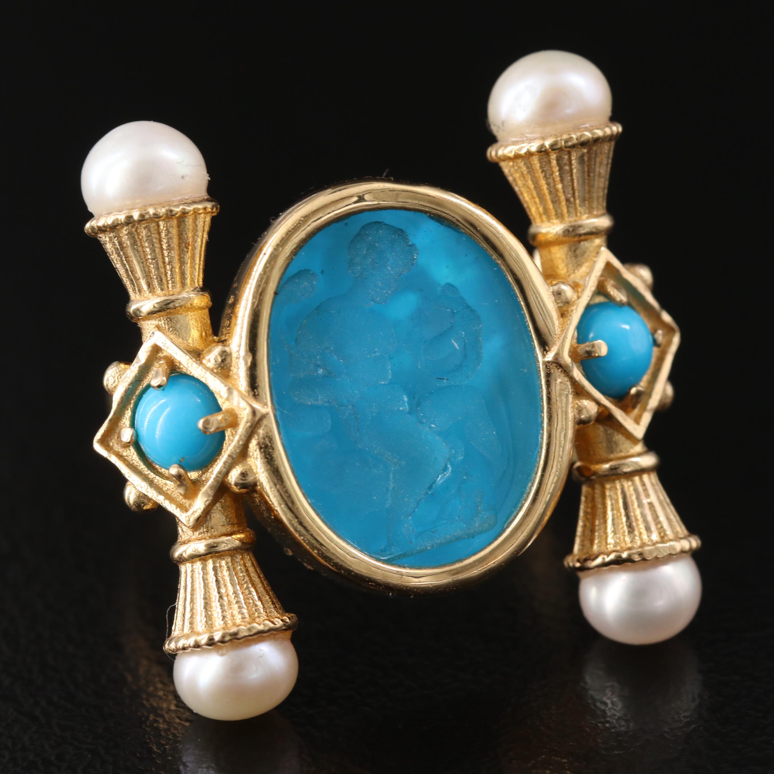 Tagliamonte 18K Intaglio, Turquoise and Pearl Etruscan Style Ring