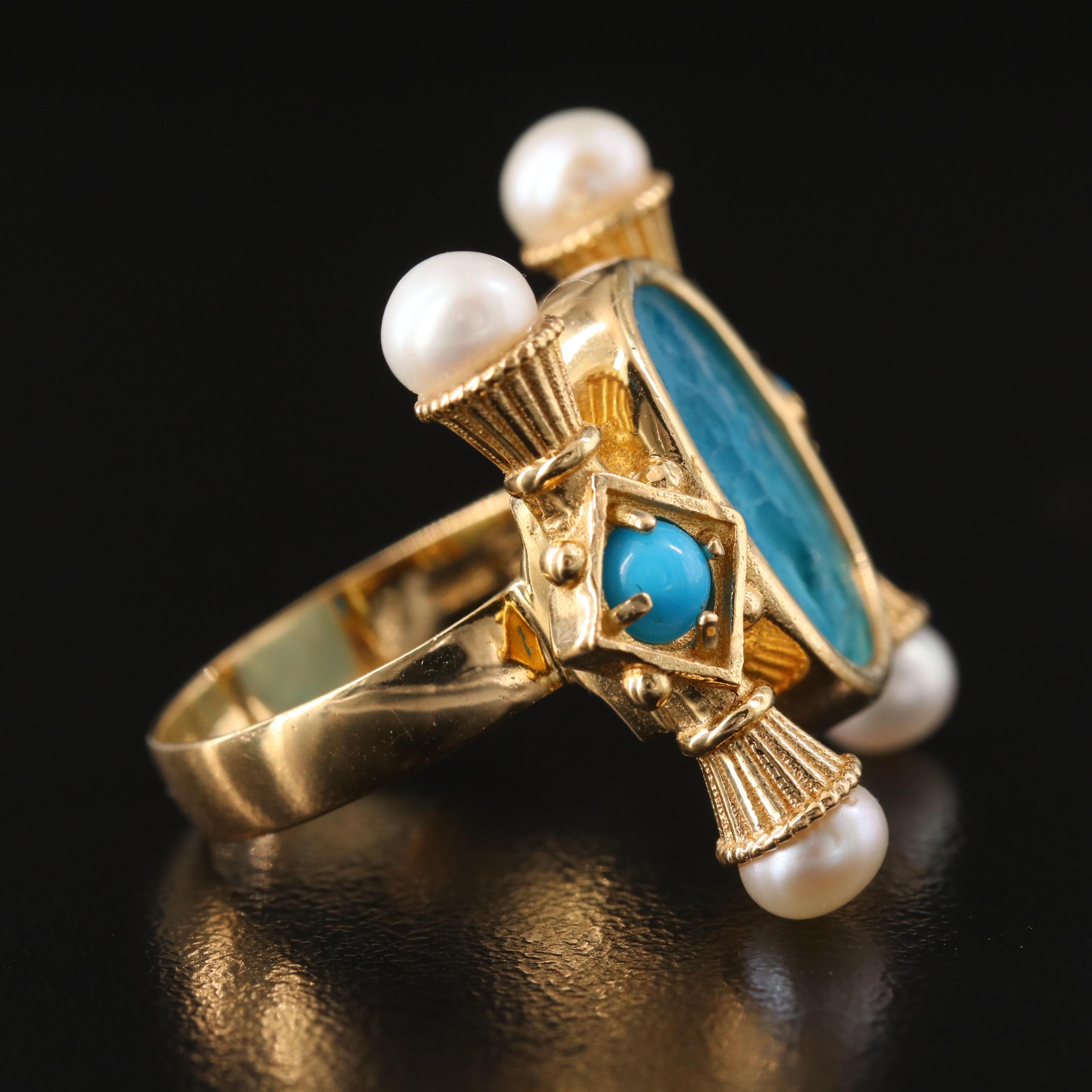 Tagliamonte 18K Intaglio, Turquoise and Pearl Etruscan Style Ring
