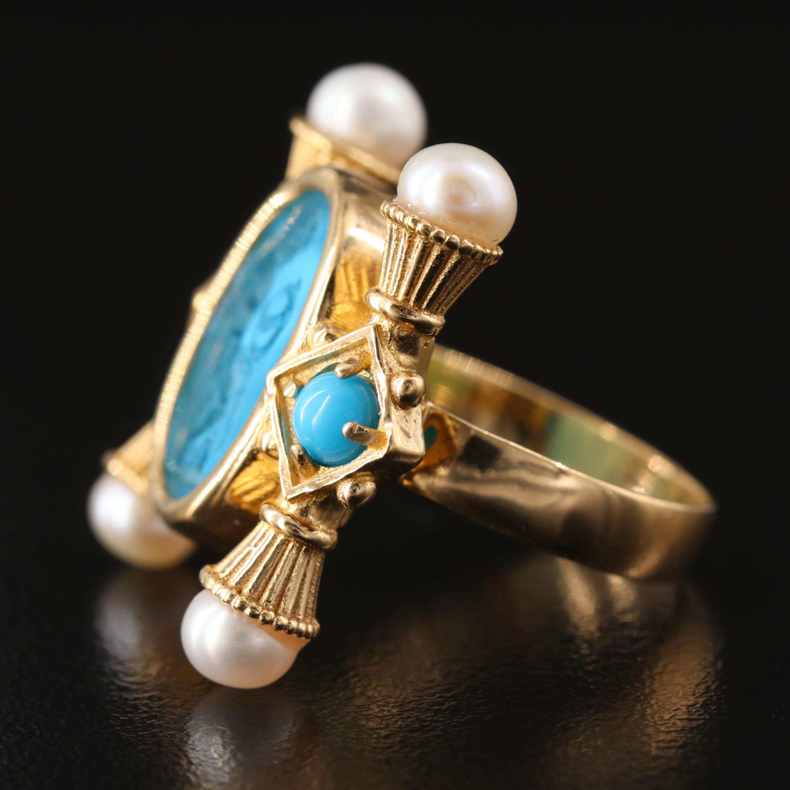 Tagliamonte 18K Intaglio, Turquoise and Pearl Etruscan Style Ring