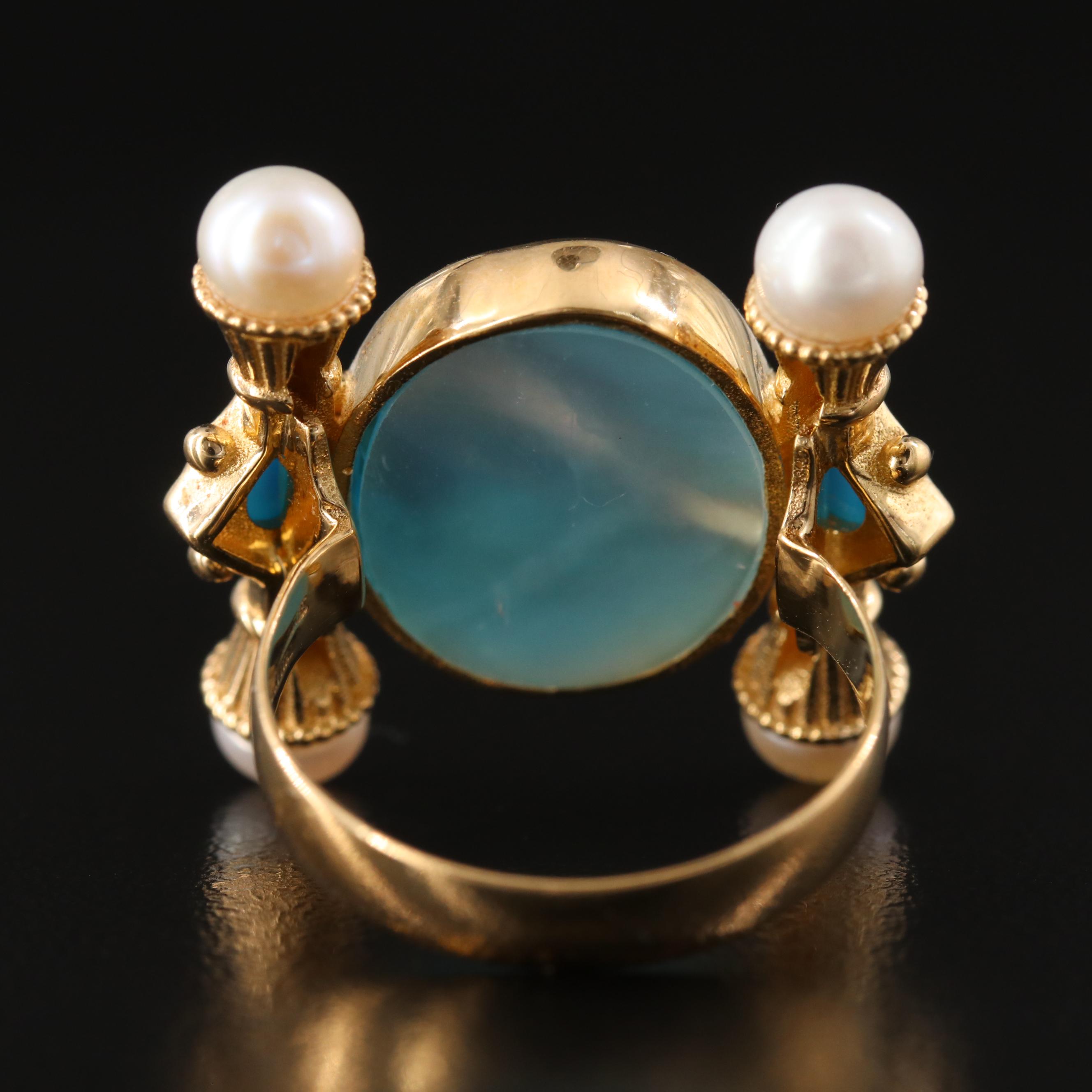 Tagliamonte 18K Intaglio, Turquoise and Pearl Etruscan Style Ring