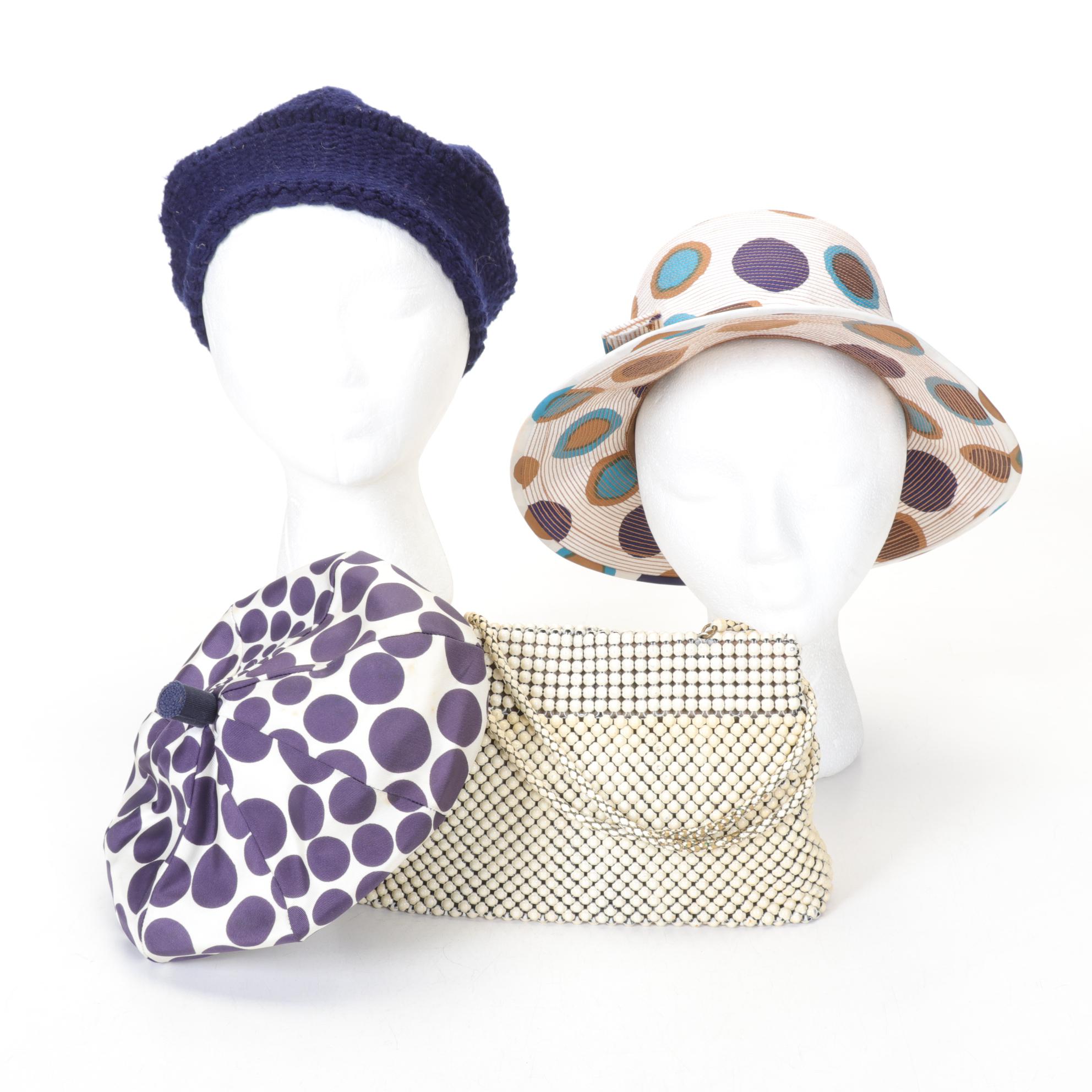London Made Atelier Lucas Hat, Cream Beaded Purse, Polka Dot Beret, and Knit Hat