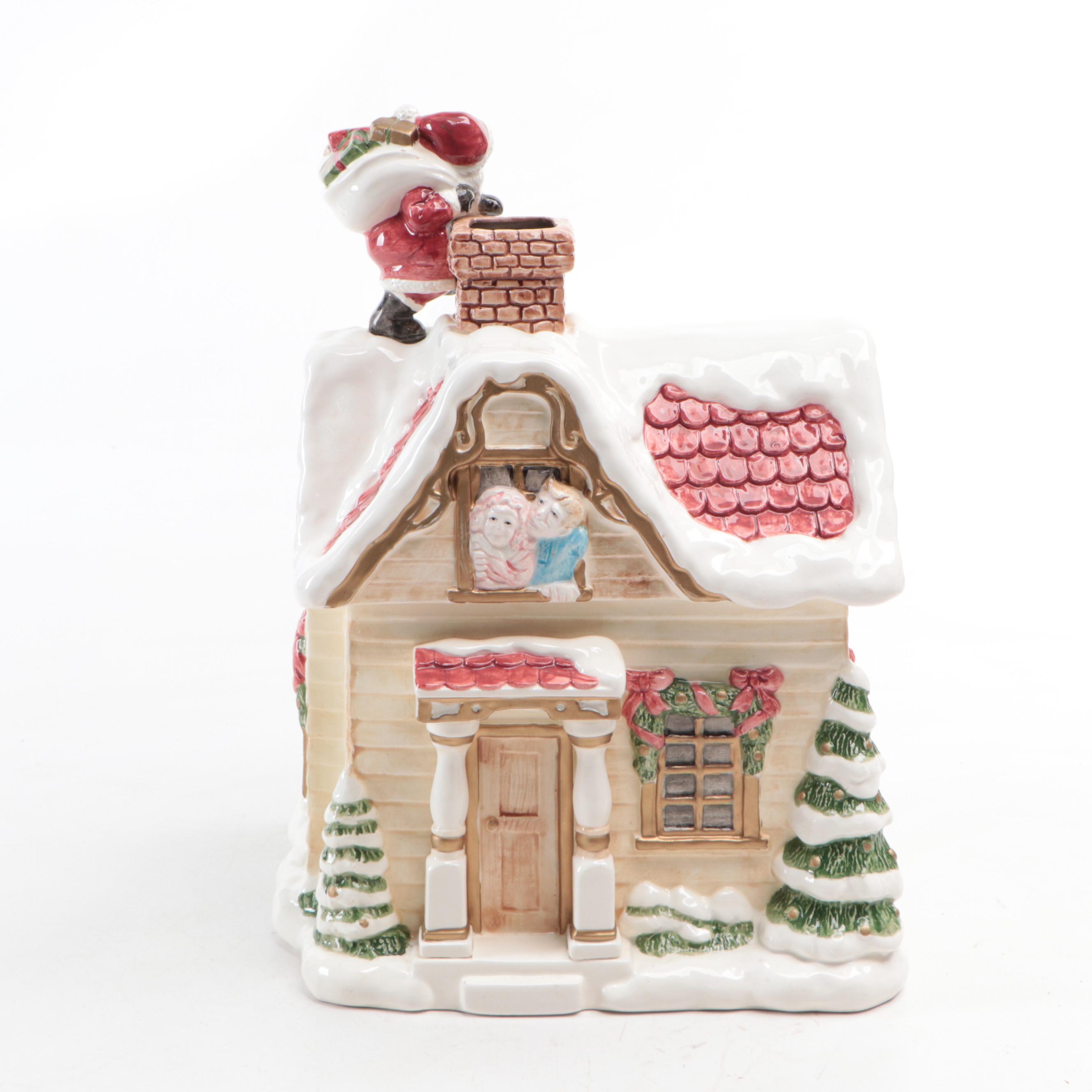 Fitz and Floyd Ceramic Christmas Cottage Cookie Jar, 1990