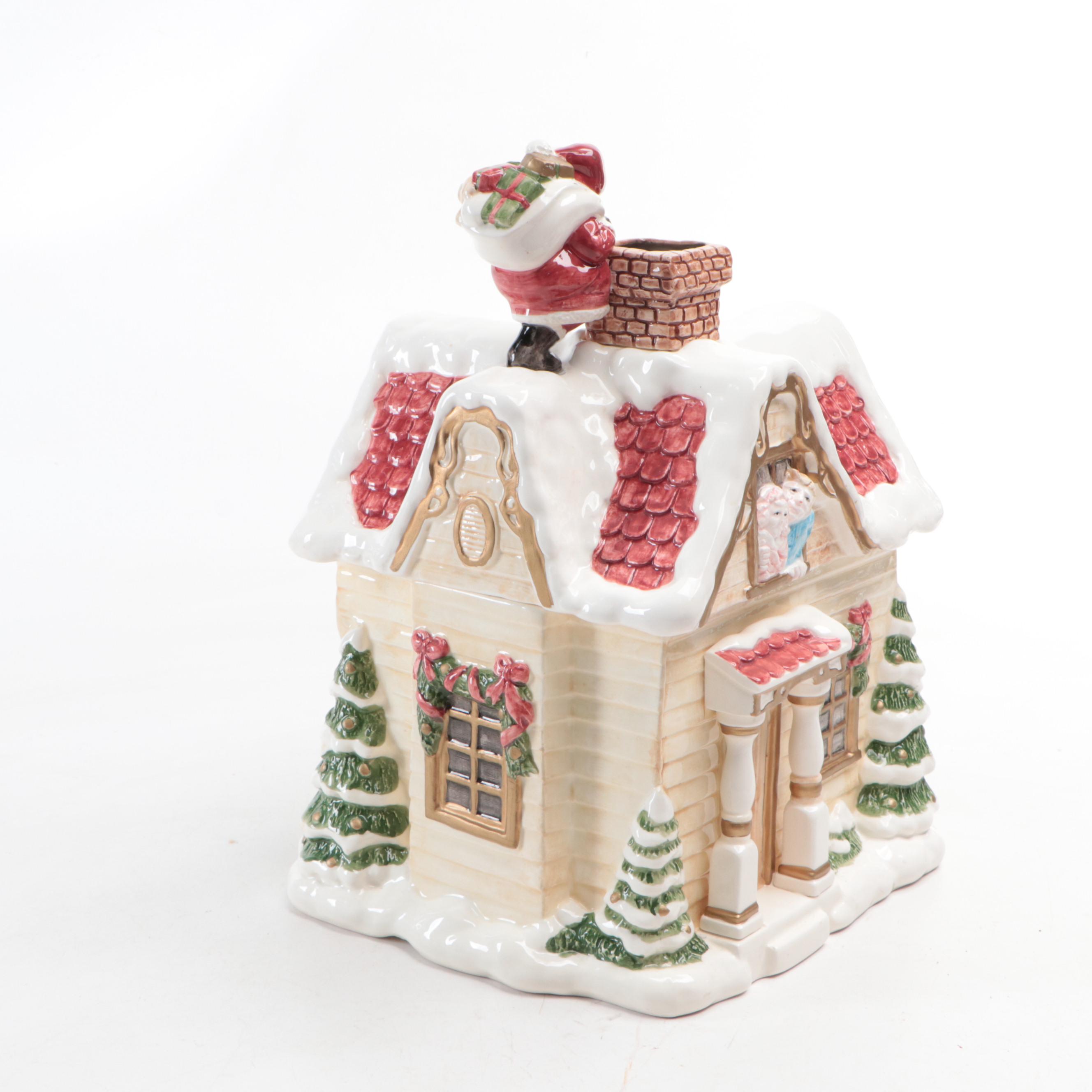 Fitz and Floyd Ceramic Christmas Cottage Cookie Jar, 1990