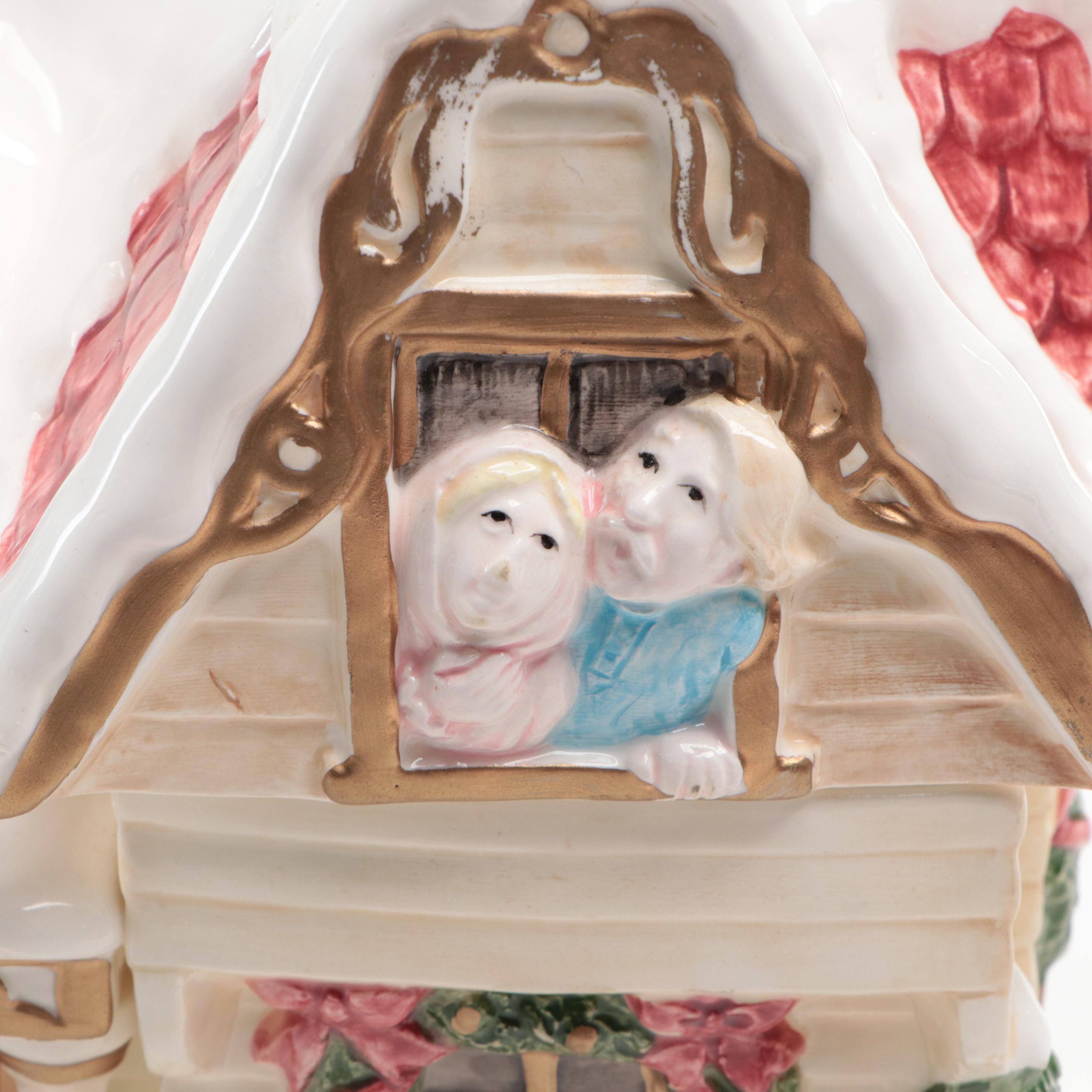 Fitz and Floyd Ceramic Christmas Cottage Cookie Jar, 1990