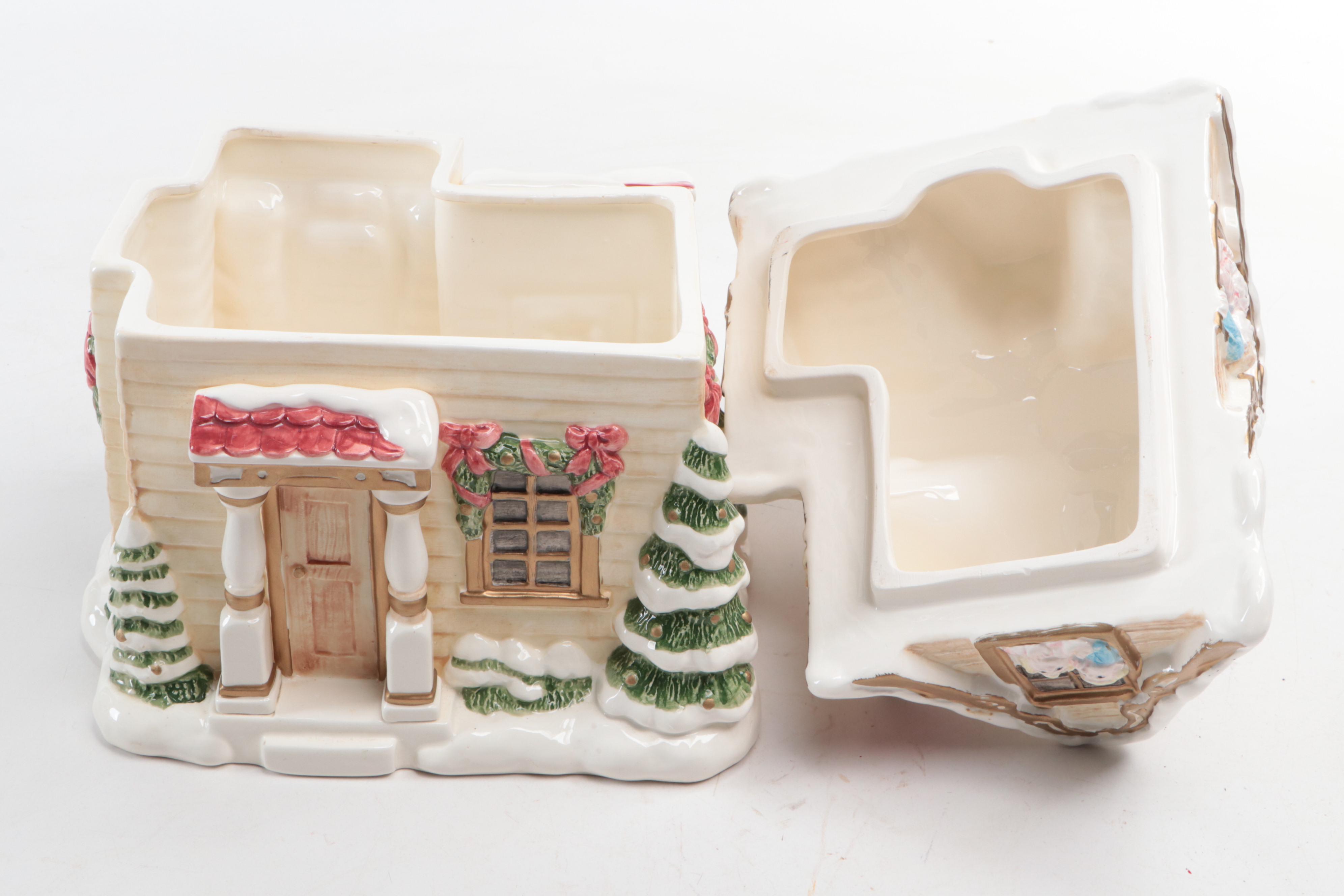 Fitz and Floyd Ceramic Christmas Cottage Cookie Jar, 1990