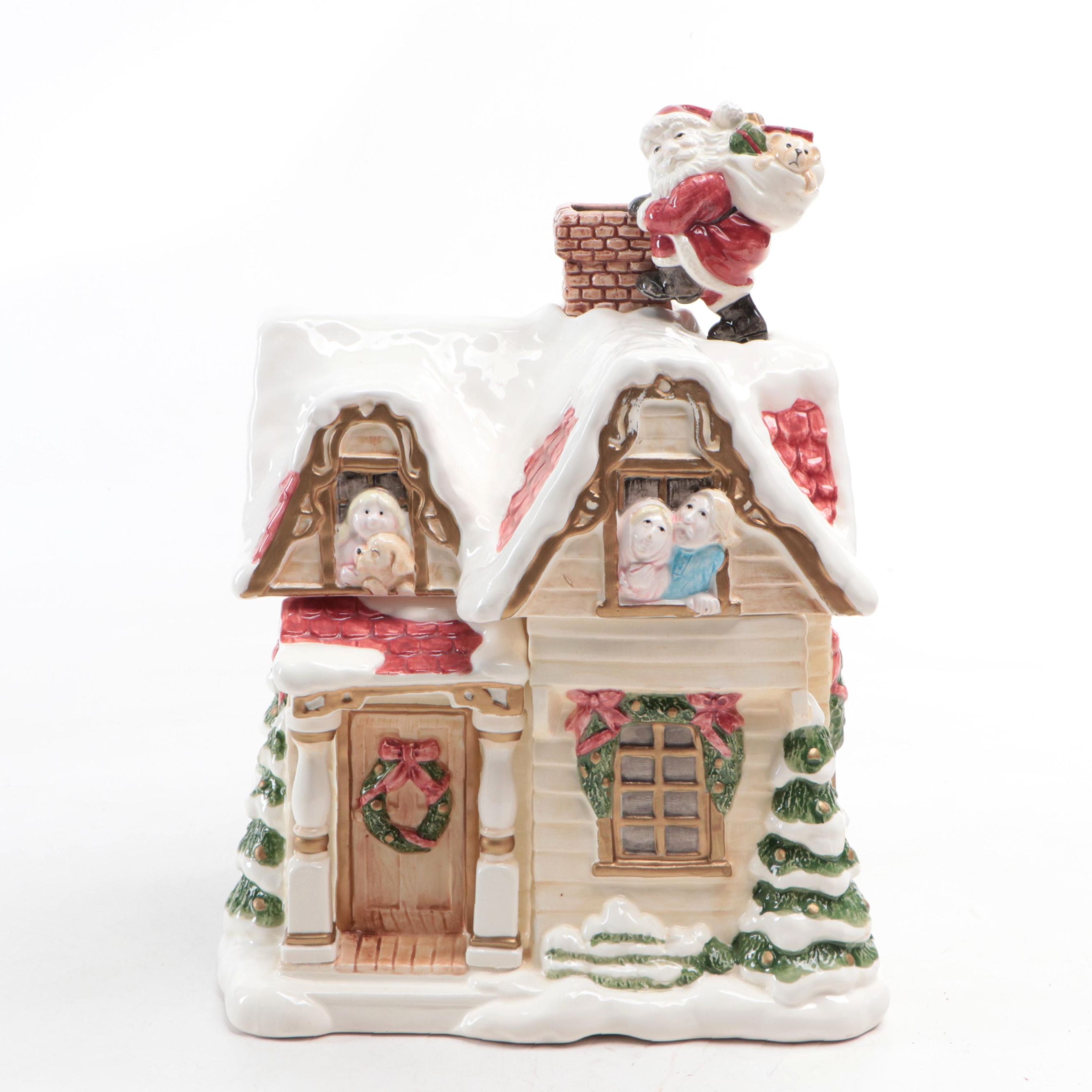 Fitz and Floyd Ceramic Christmas Cottage Cookie Jar, 1990