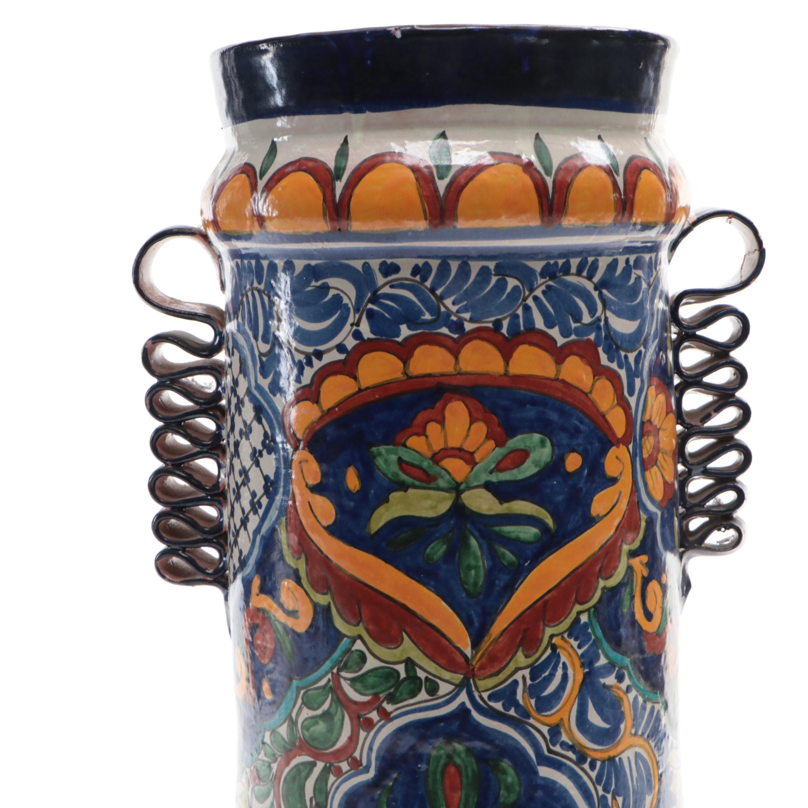Hand-Painted Italian Terracotta Vase with Applied Ribbon Handles, Vintage