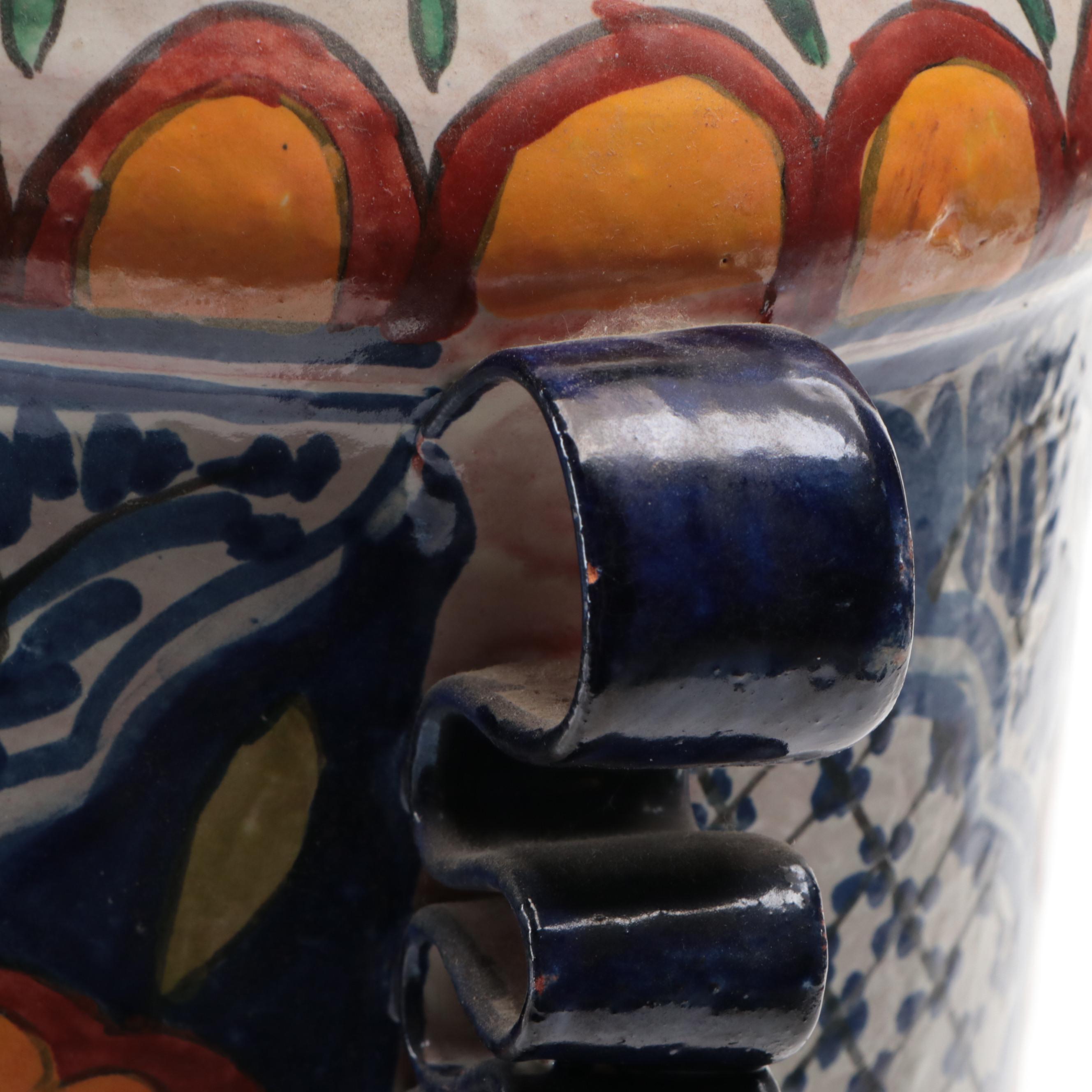 Hand-Painted Italian Terracotta Vase with Applied Ribbon Handles, Vintage