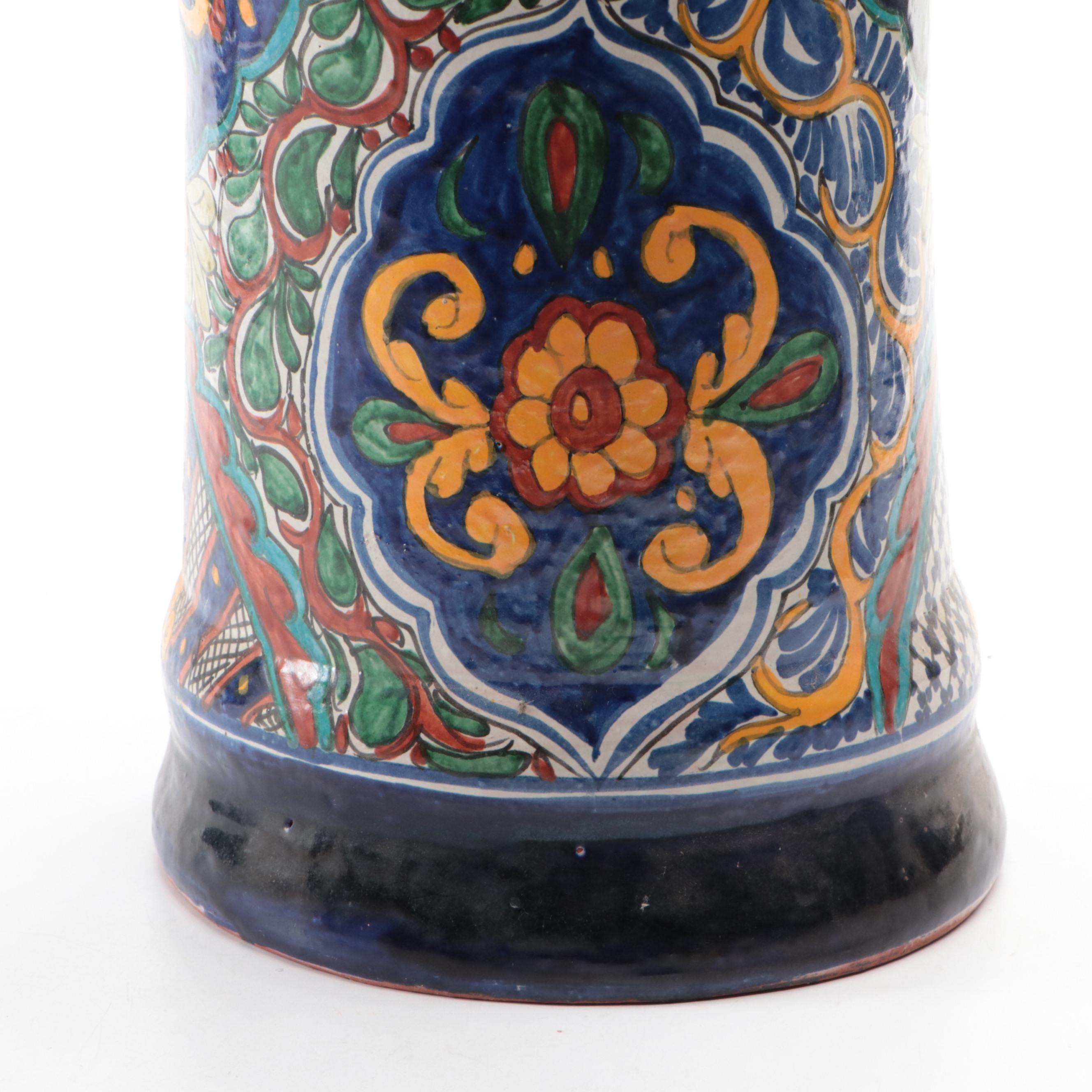 Hand-Painted Italian Terracotta Vase with Applied Ribbon Handles, Vintage