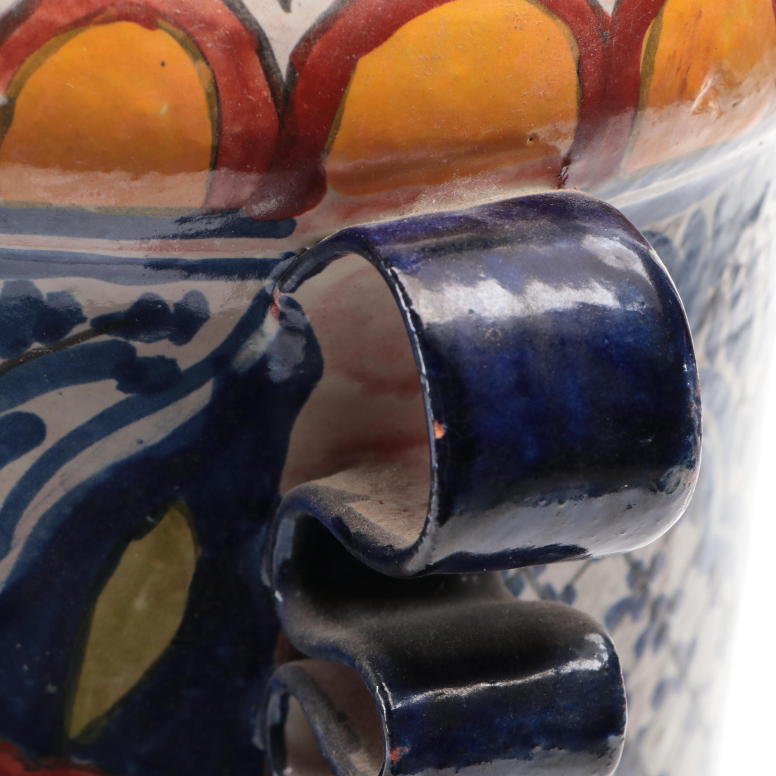 Hand-Painted Italian Terracotta Vase with Applied Ribbon Handles, Vintage