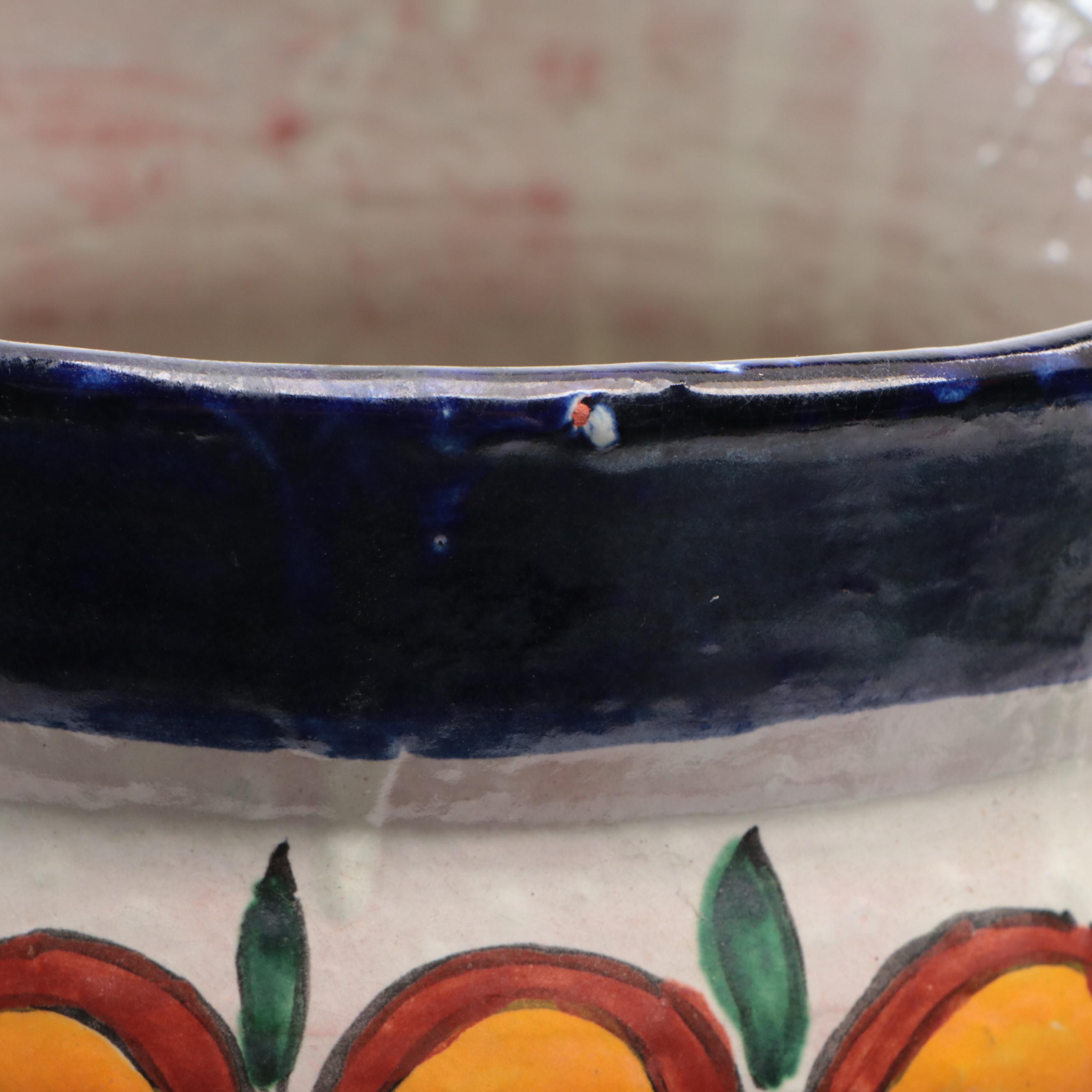 Hand-Painted Italian Terracotta Vase with Applied Ribbon Handles, Vintage