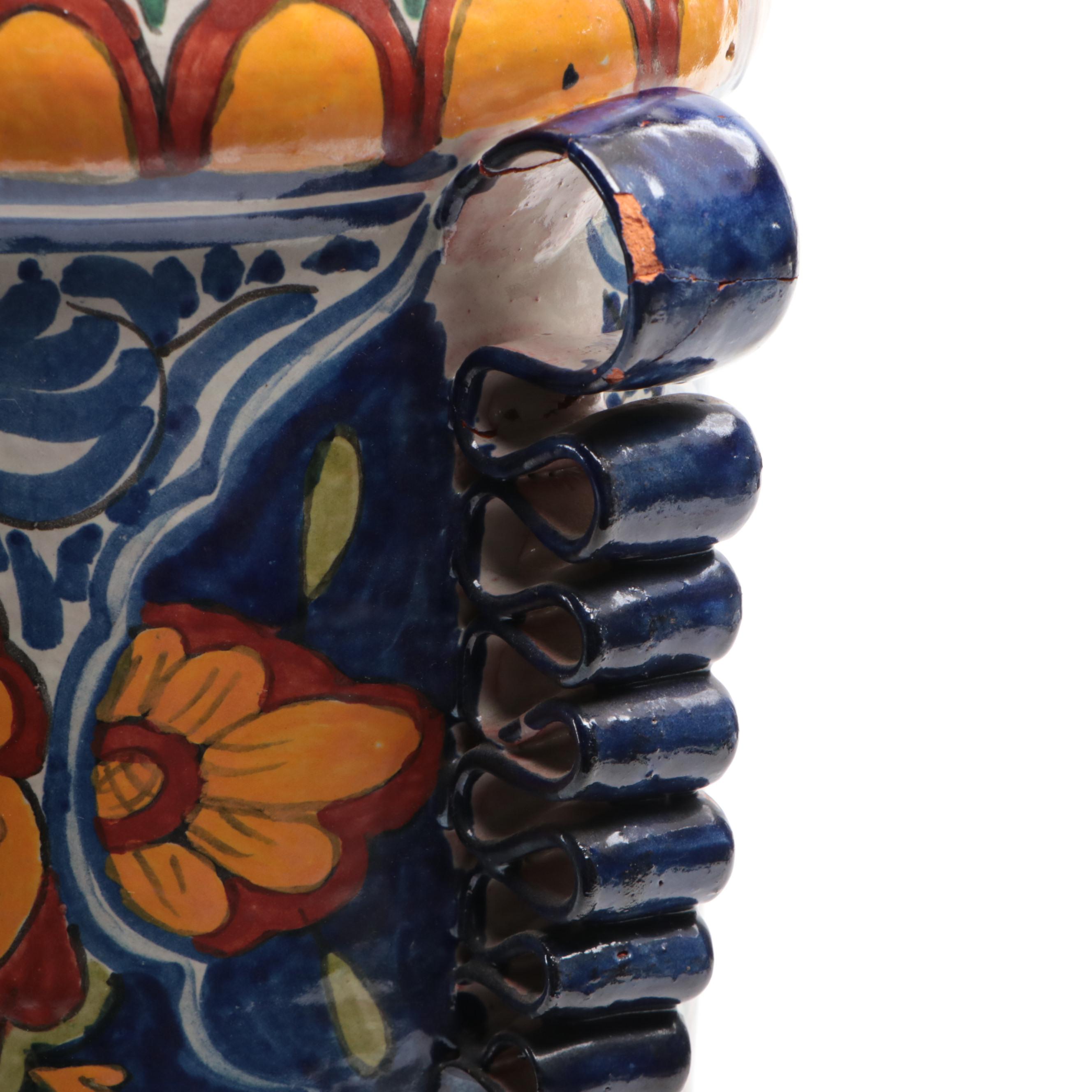 Hand-Painted Italian Terracotta Vase with Applied Ribbon Handles, Vintage