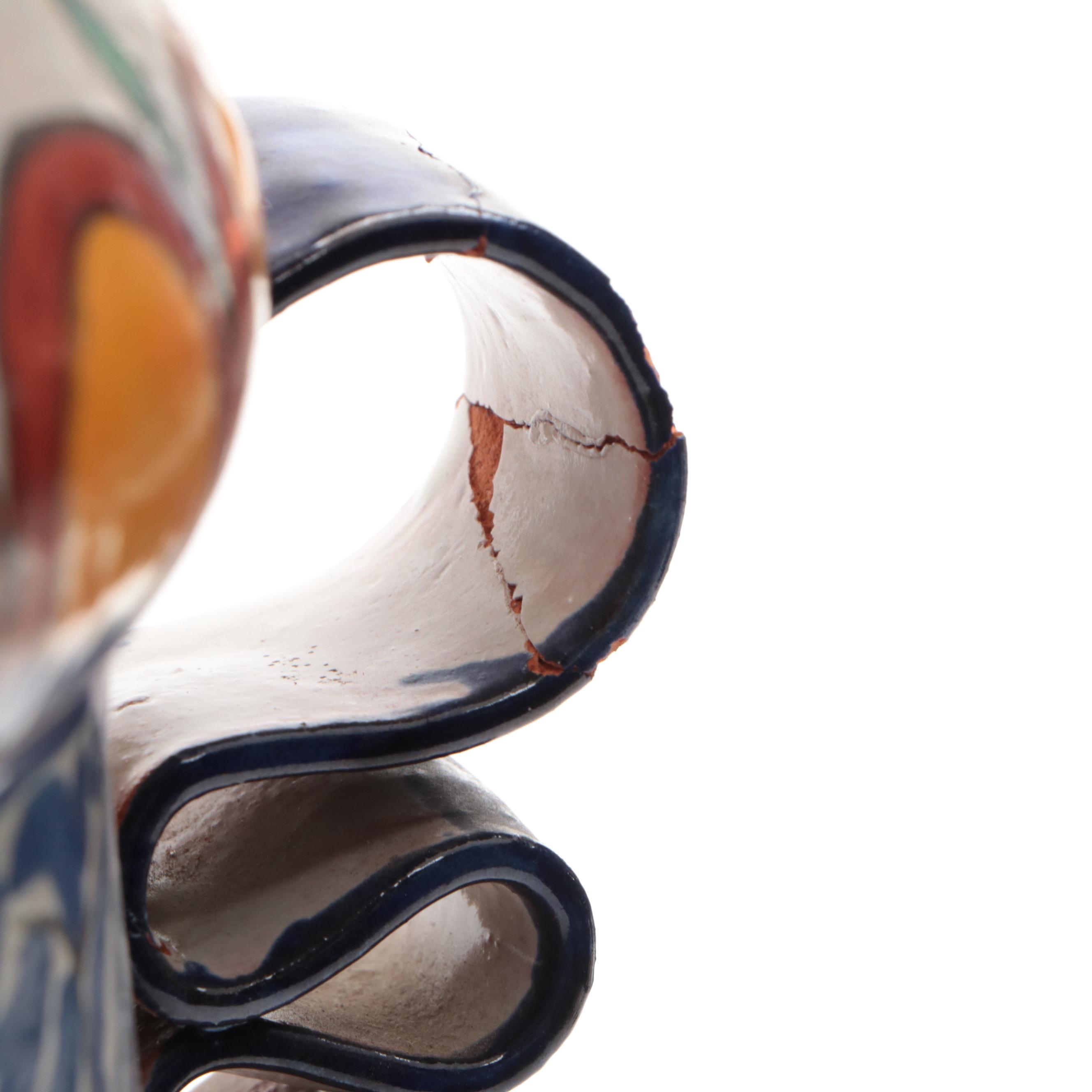 Hand-Painted Italian Terracotta Vase with Applied Ribbon Handles, Vintage