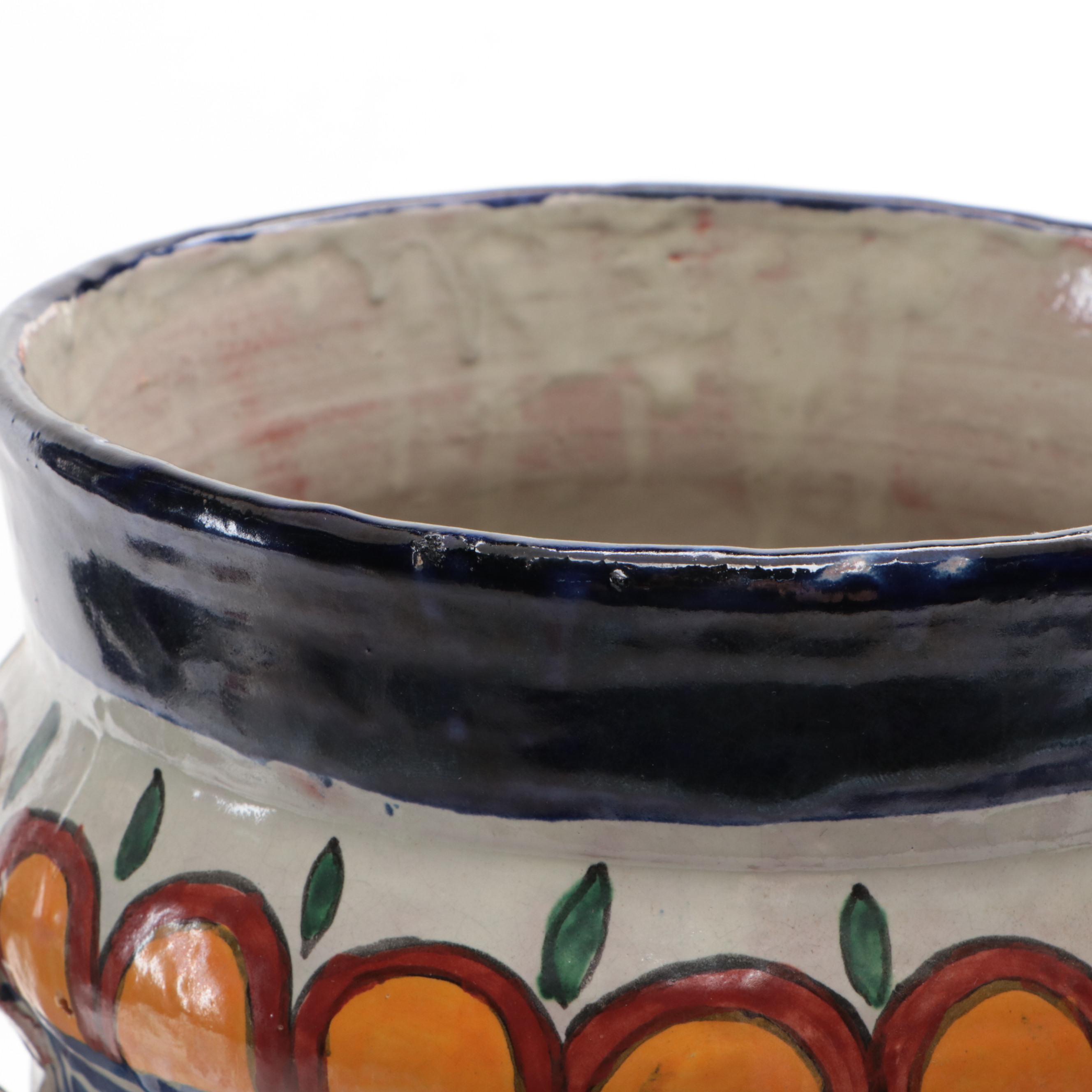 Hand-Painted Italian Terracotta Vase with Applied Ribbon Handles, Vintage