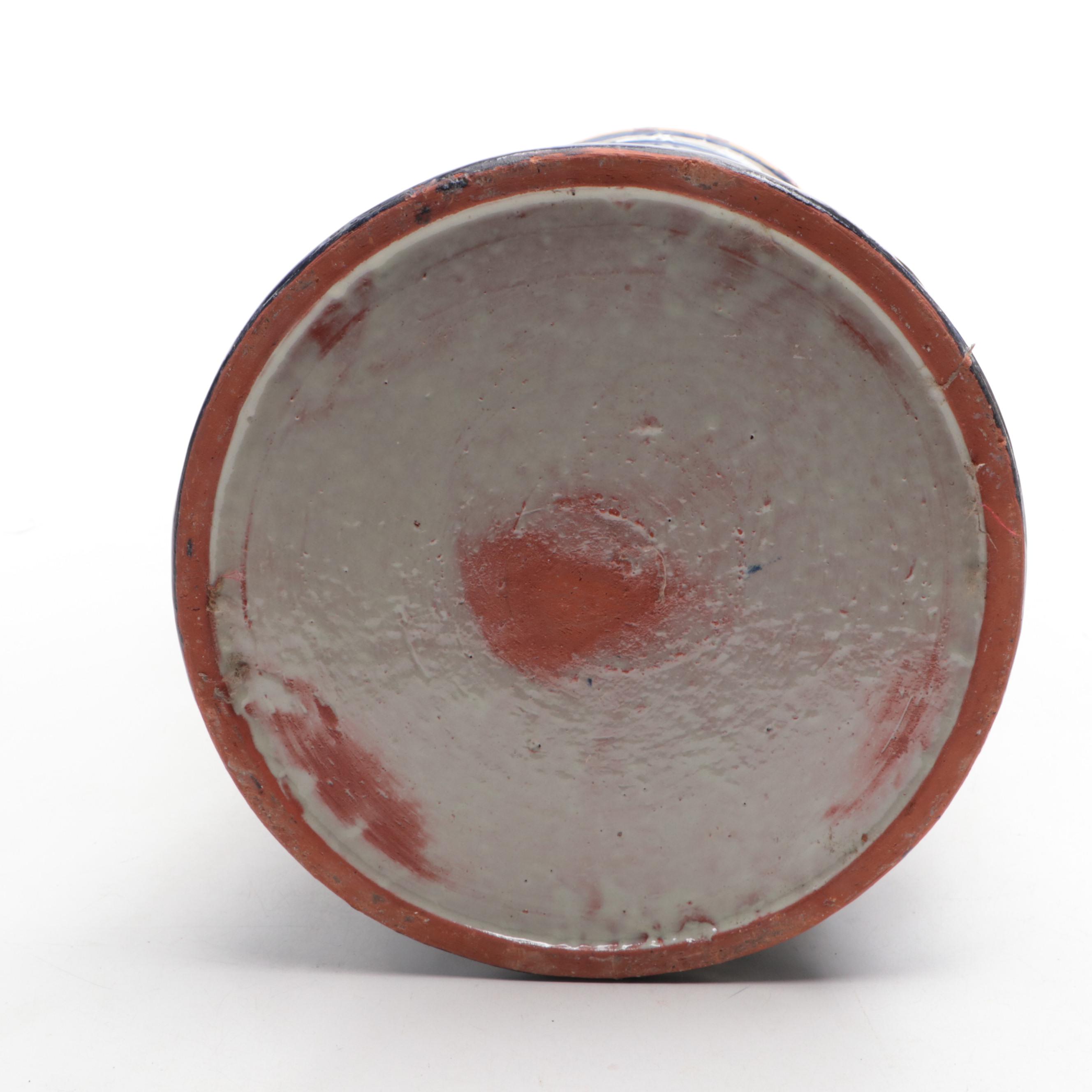 Hand-Painted Italian Terracotta Vase with Applied Ribbon Handles, Vintage