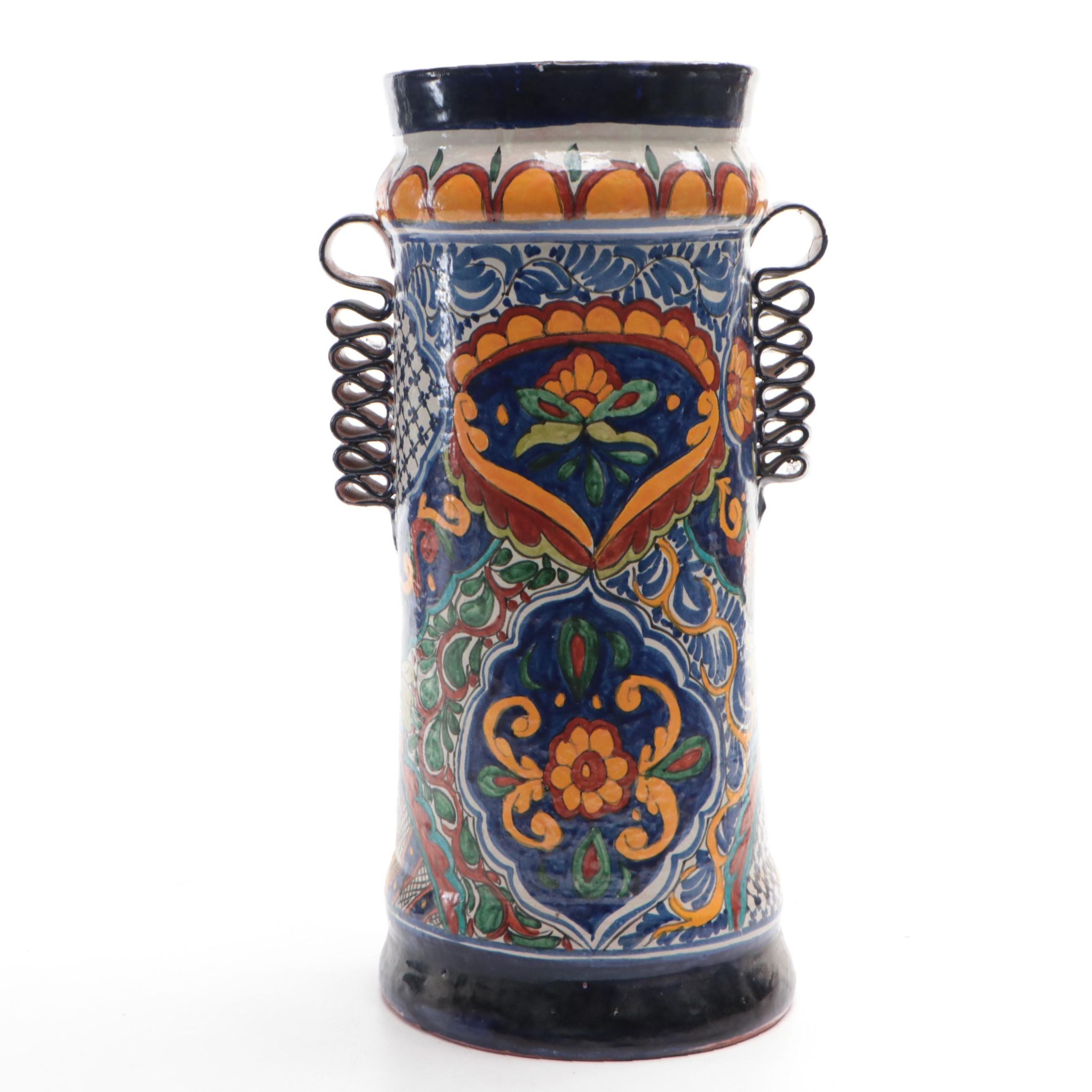 Hand-Painted Italian Terracotta Vase with Applied Ribbon Handles, Vintage