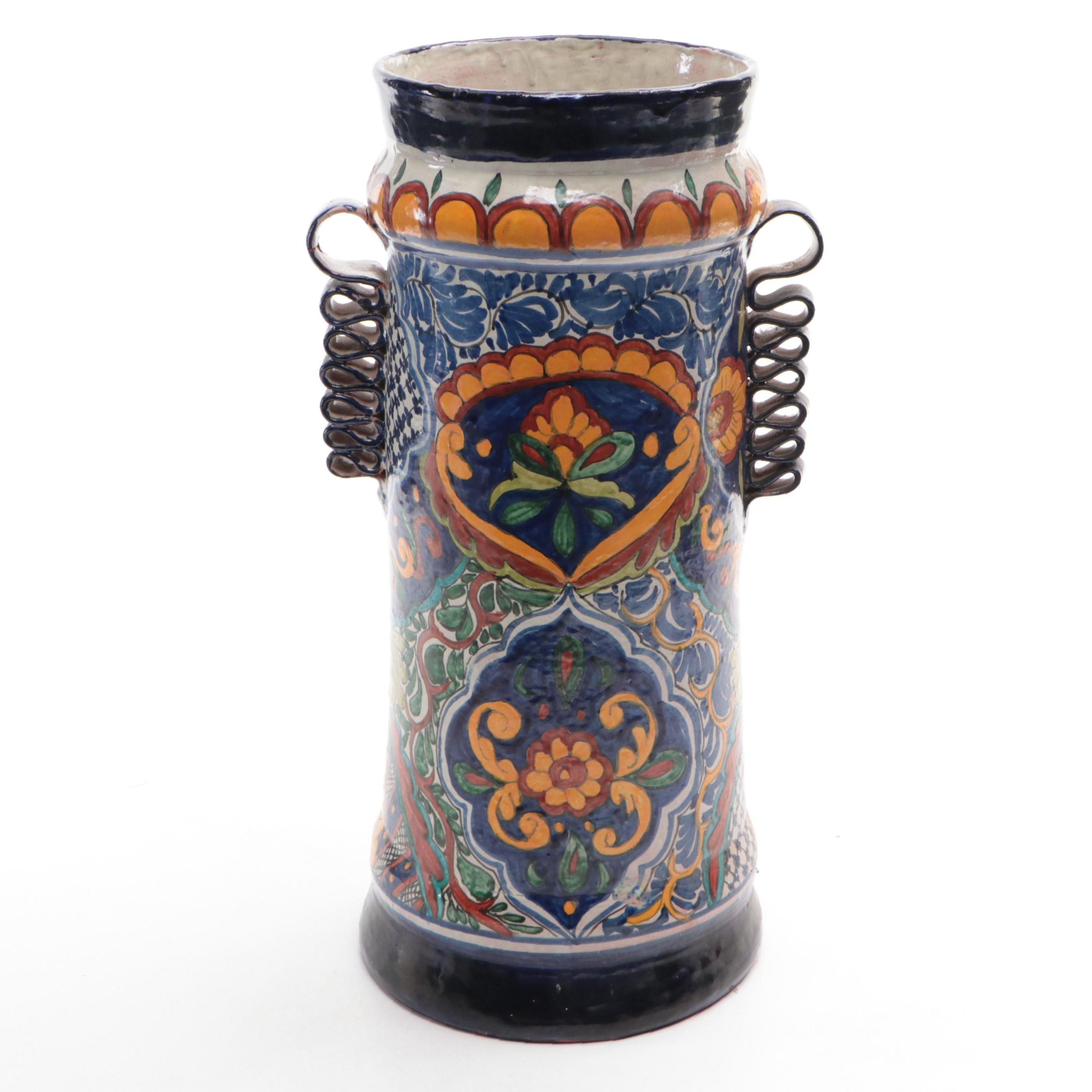 Hand-Painted Italian Terracotta Vase with Applied Ribbon Handles, Vintage