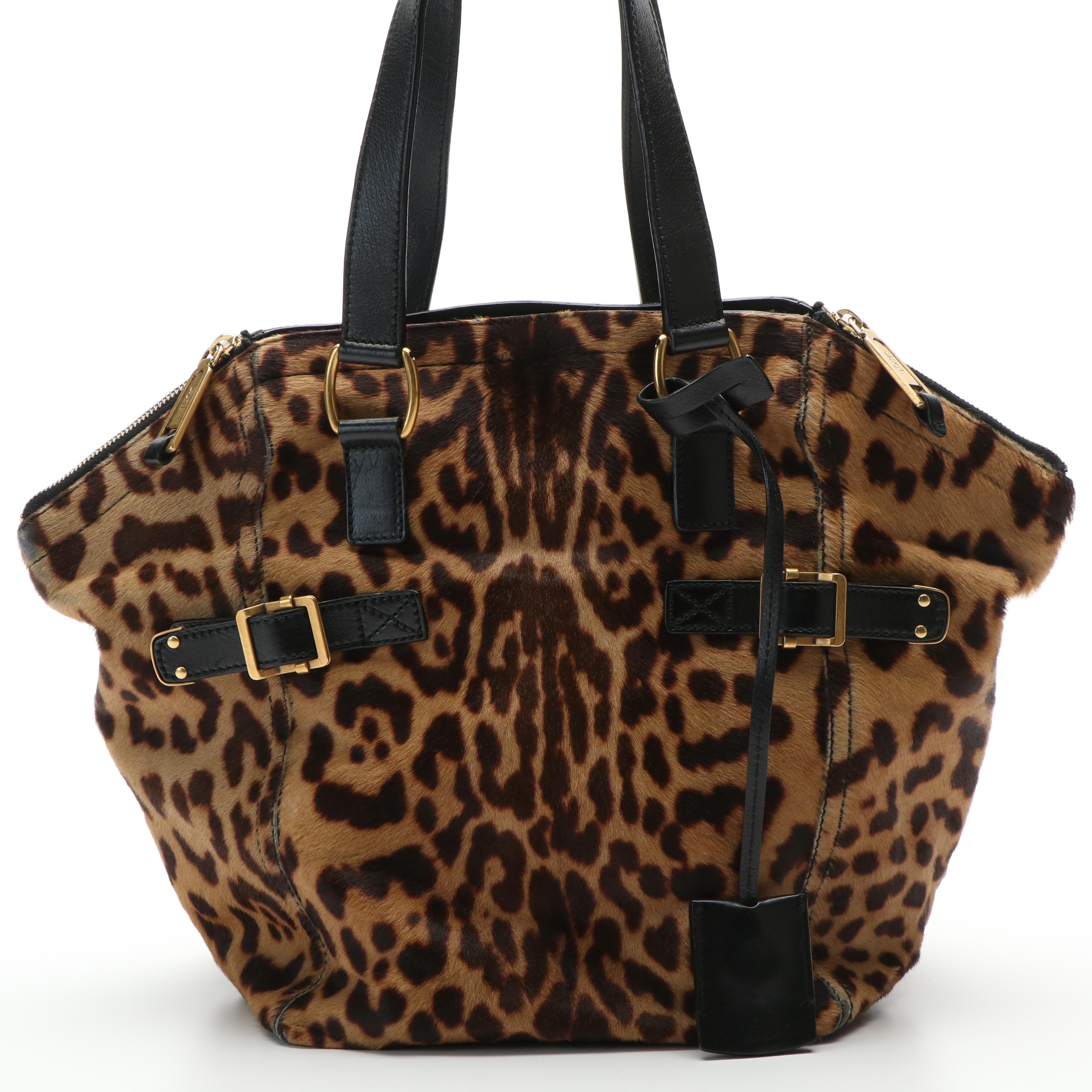 Yves Saint Laurent Leopard Print Downtown Tote in Pony Hair and Leather
