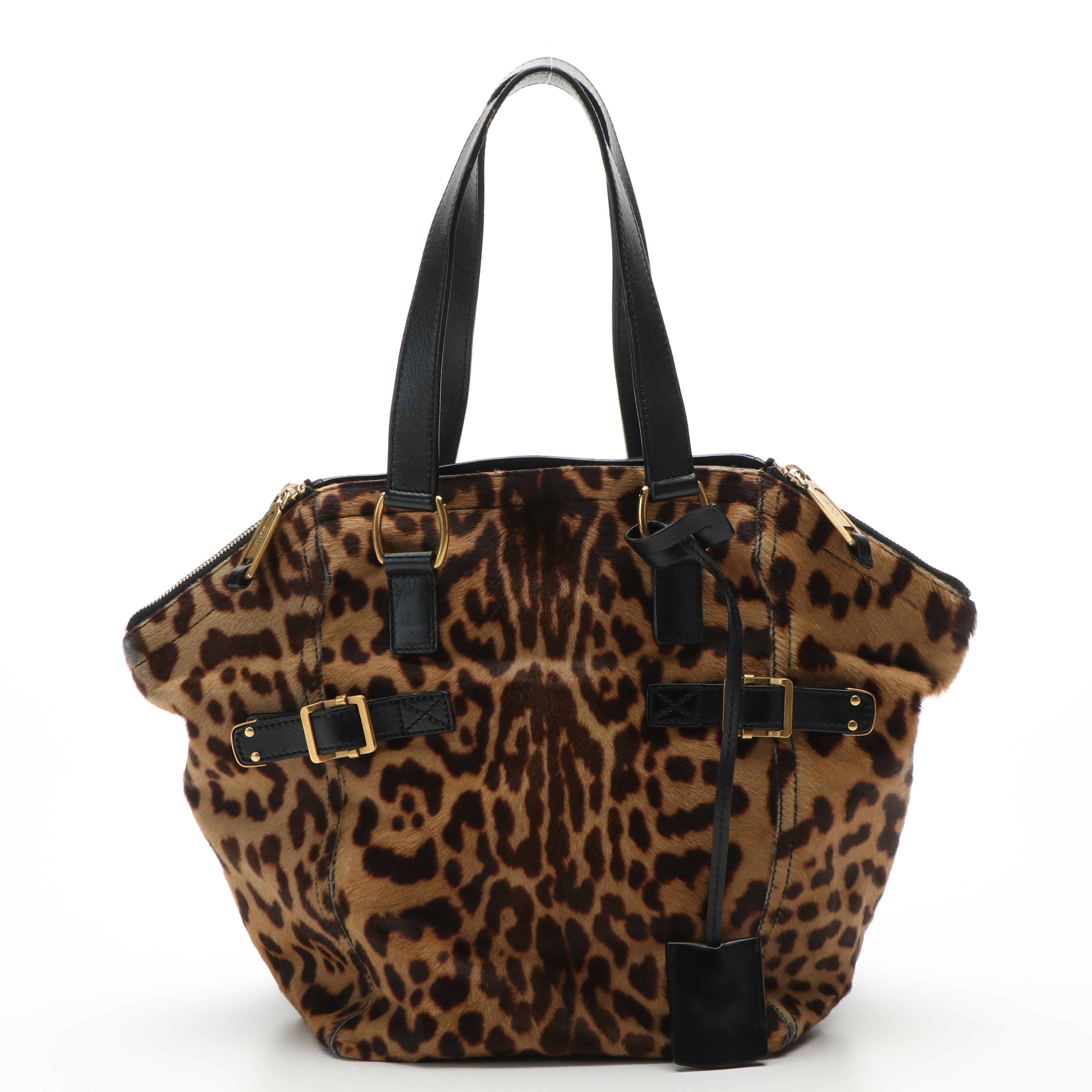 Yves Saint Laurent Leopard Print Downtown Tote in Pony Hair and Leather