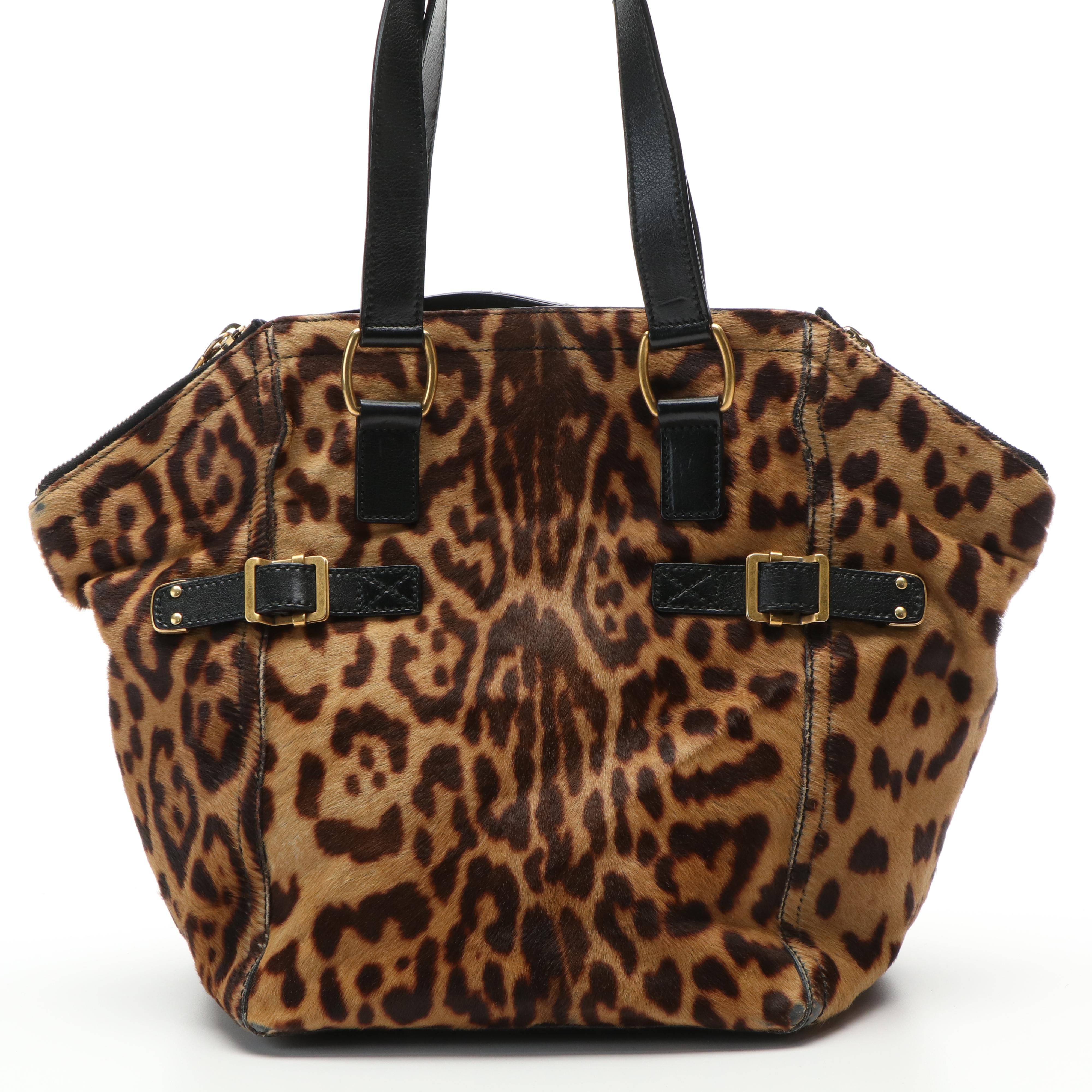 Yves Saint Laurent Leopard Print Downtown Tote in Pony Hair and Leather