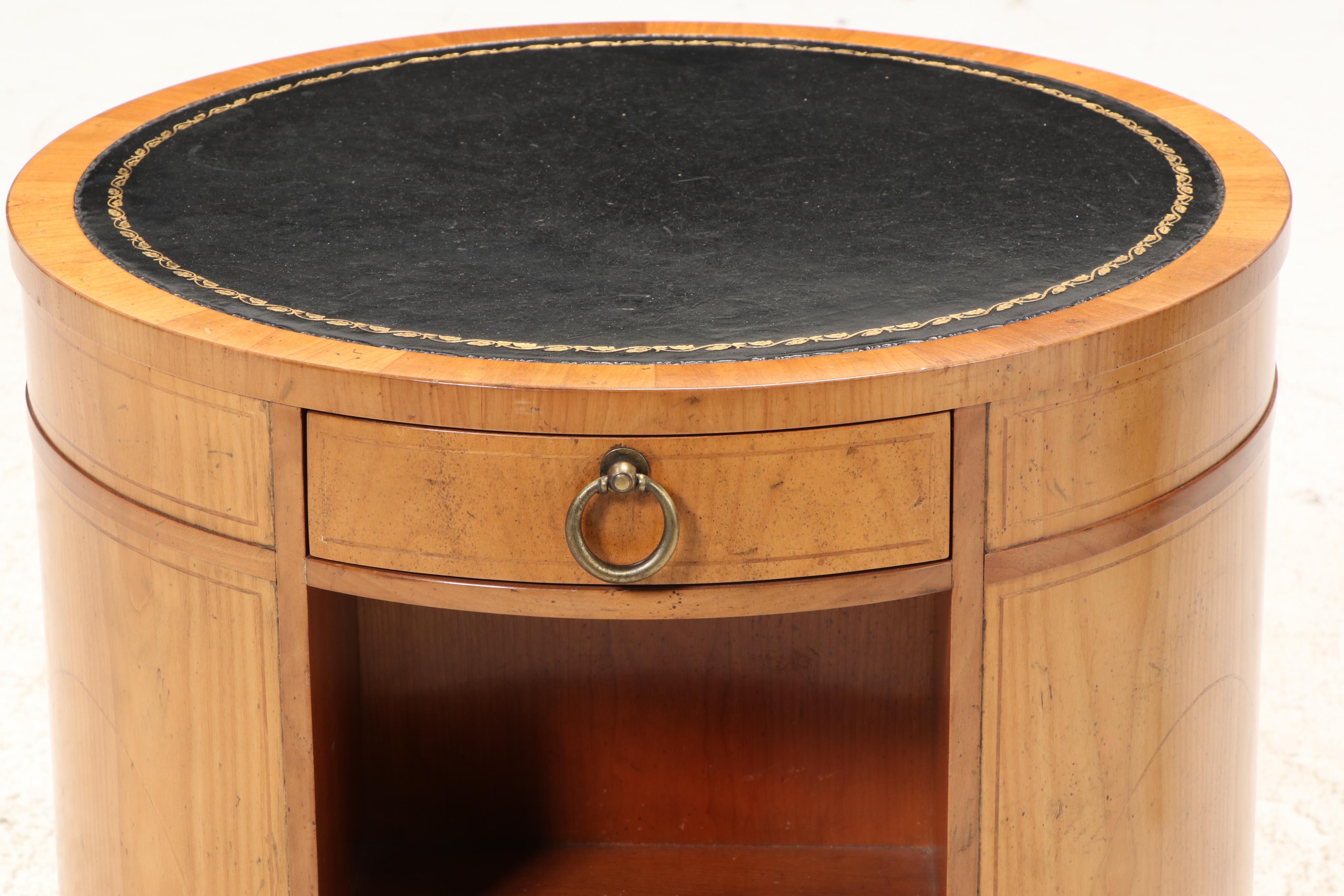 Baker Furniture Leather Top Drum Side Table, Late 20th Century
