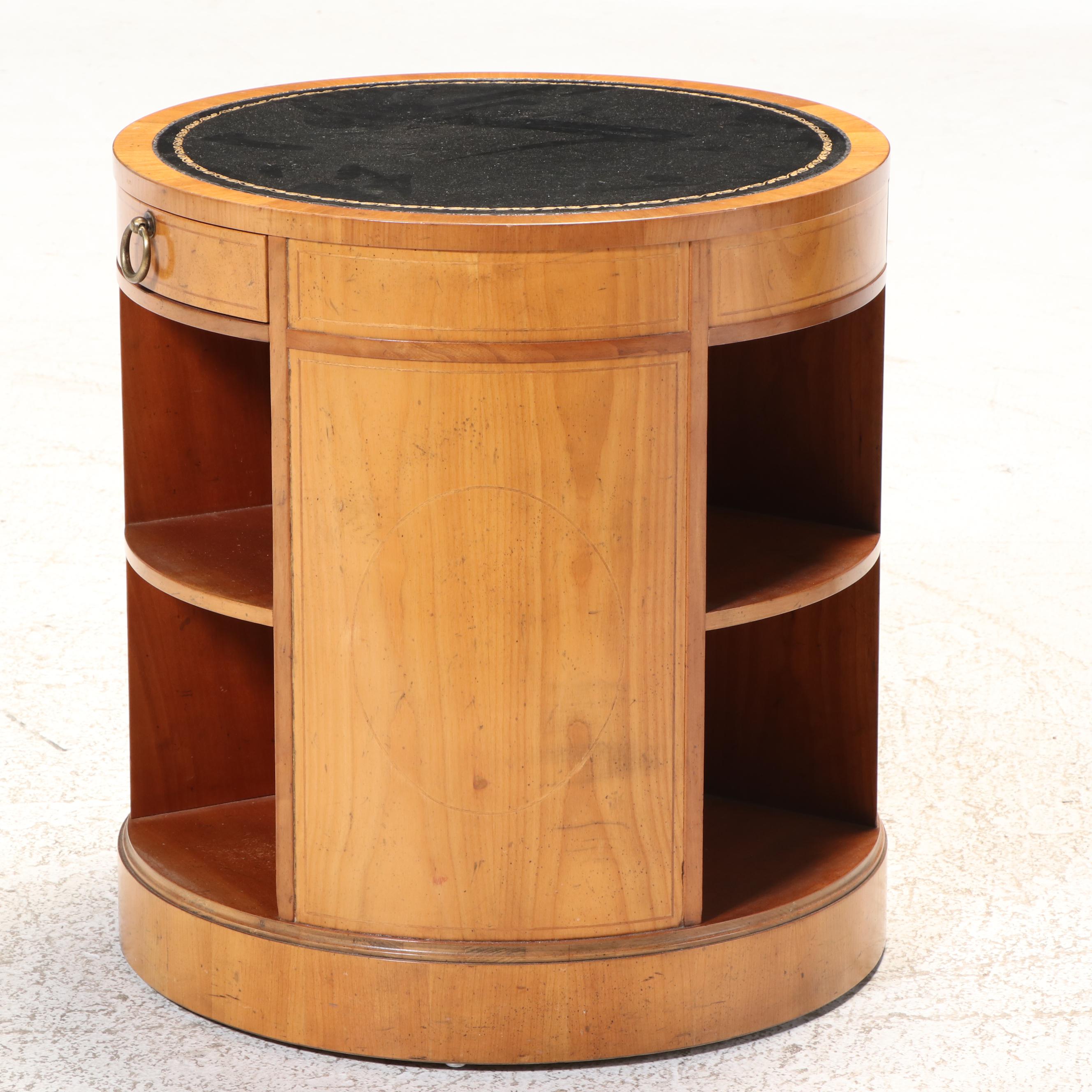 Baker Furniture Leather Top Drum Side Table, Late 20th Century
