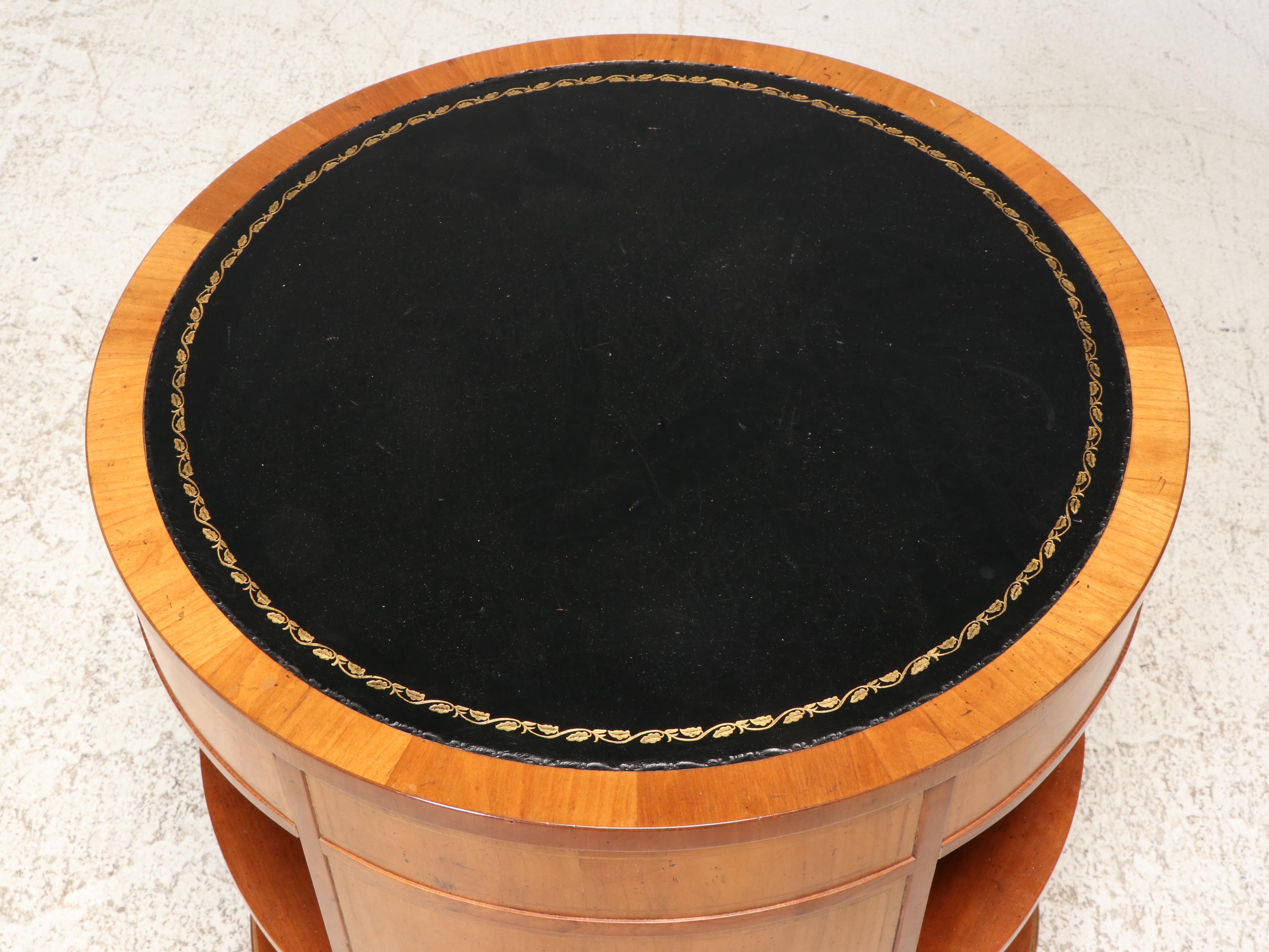 Baker Furniture Leather Top Drum Side Table, Late 20th Century