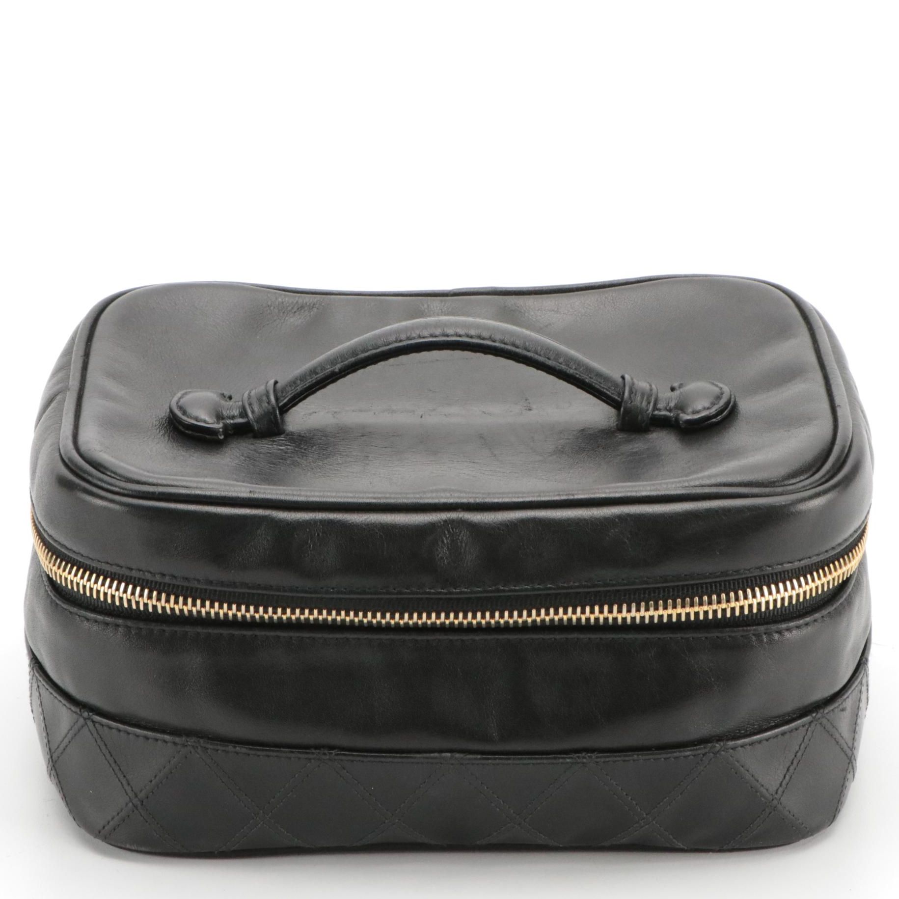Chanel Zip-Around Vanity Case in Black Leather with Diamond Stitched Detail