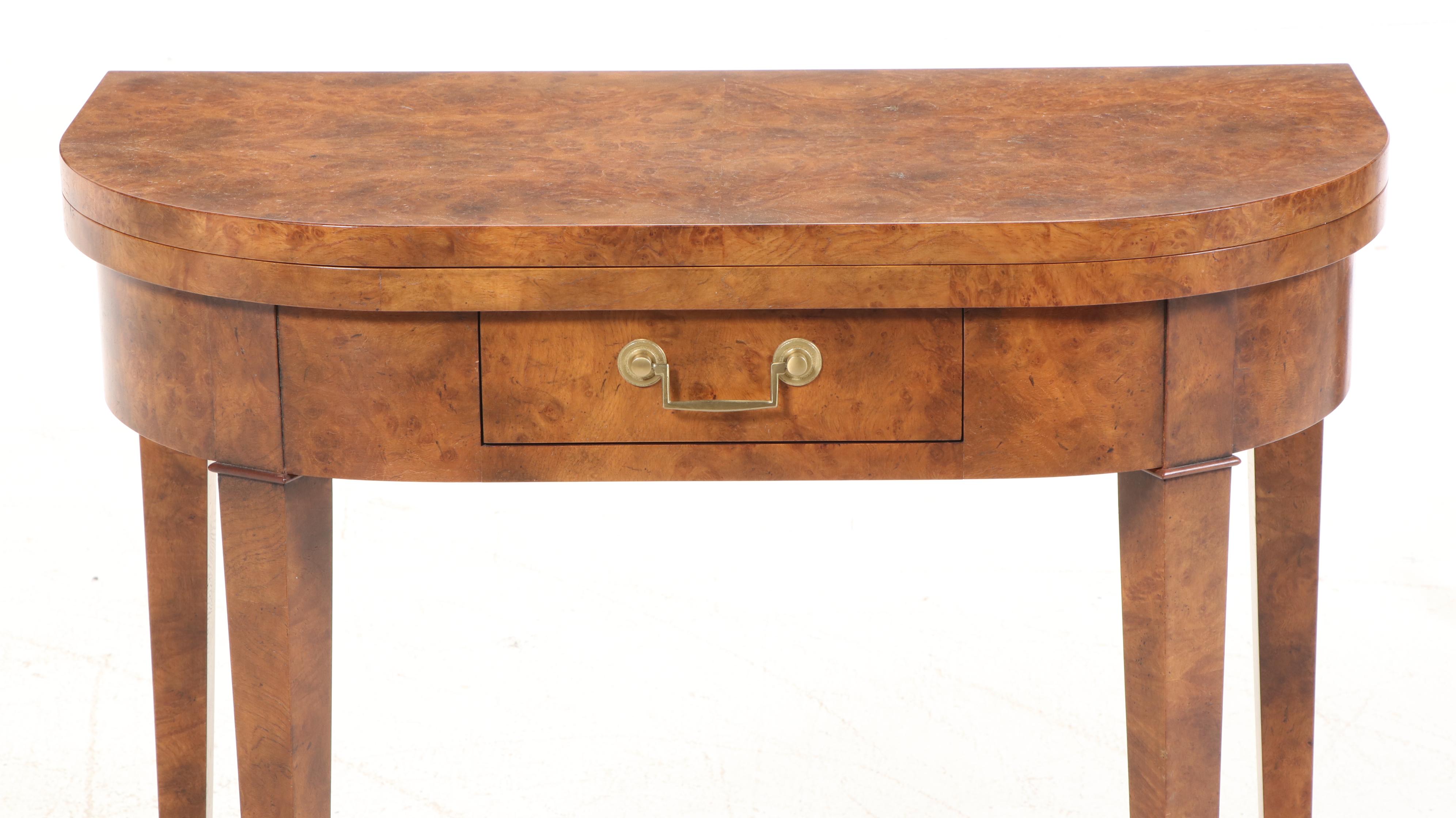 Baker Furniture Directoire Style Birdseye Maple Demilune Flip Top Games Table