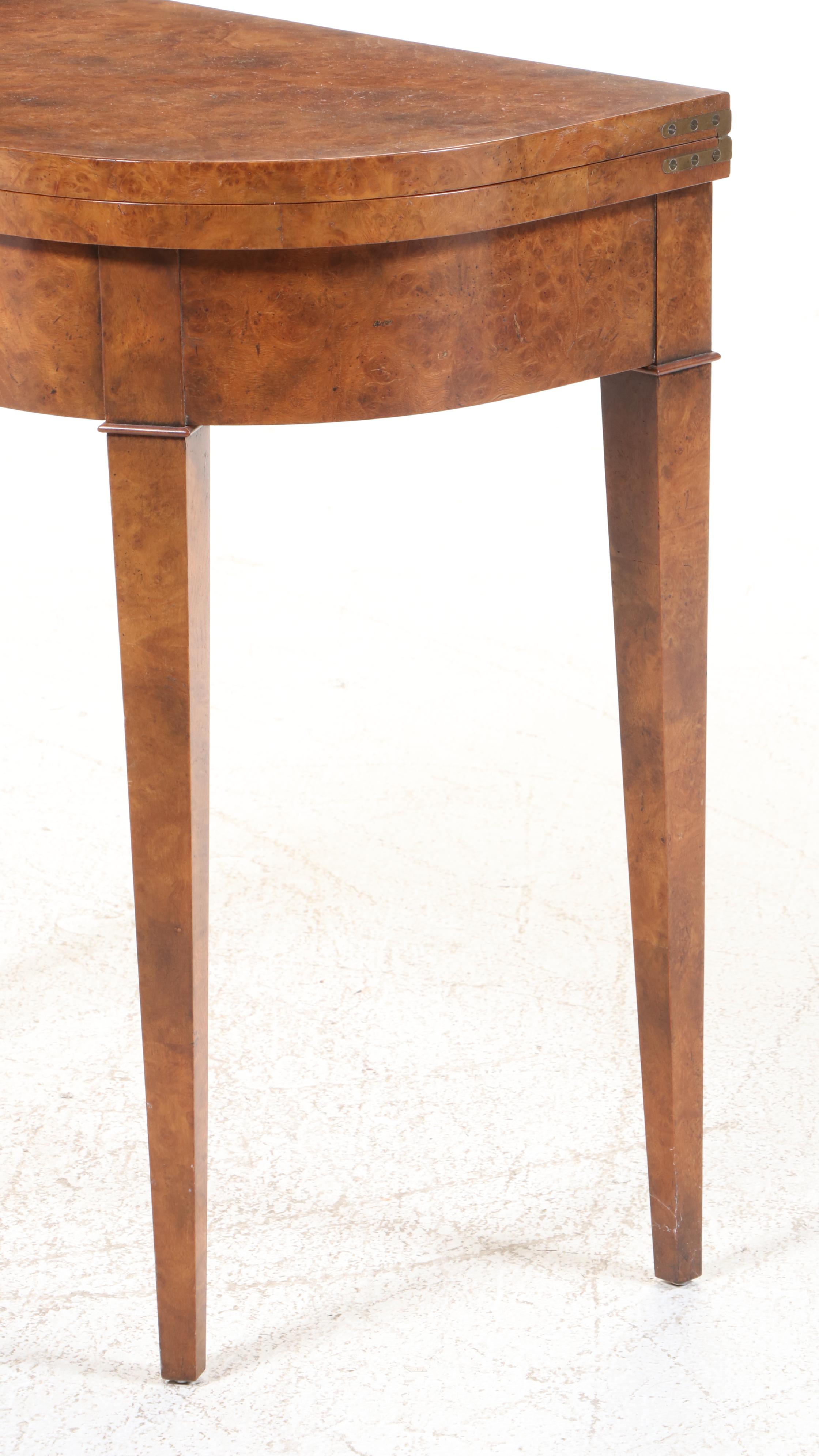 Baker Furniture Directoire Style Birdseye Maple Demilune Flip Top Games Table